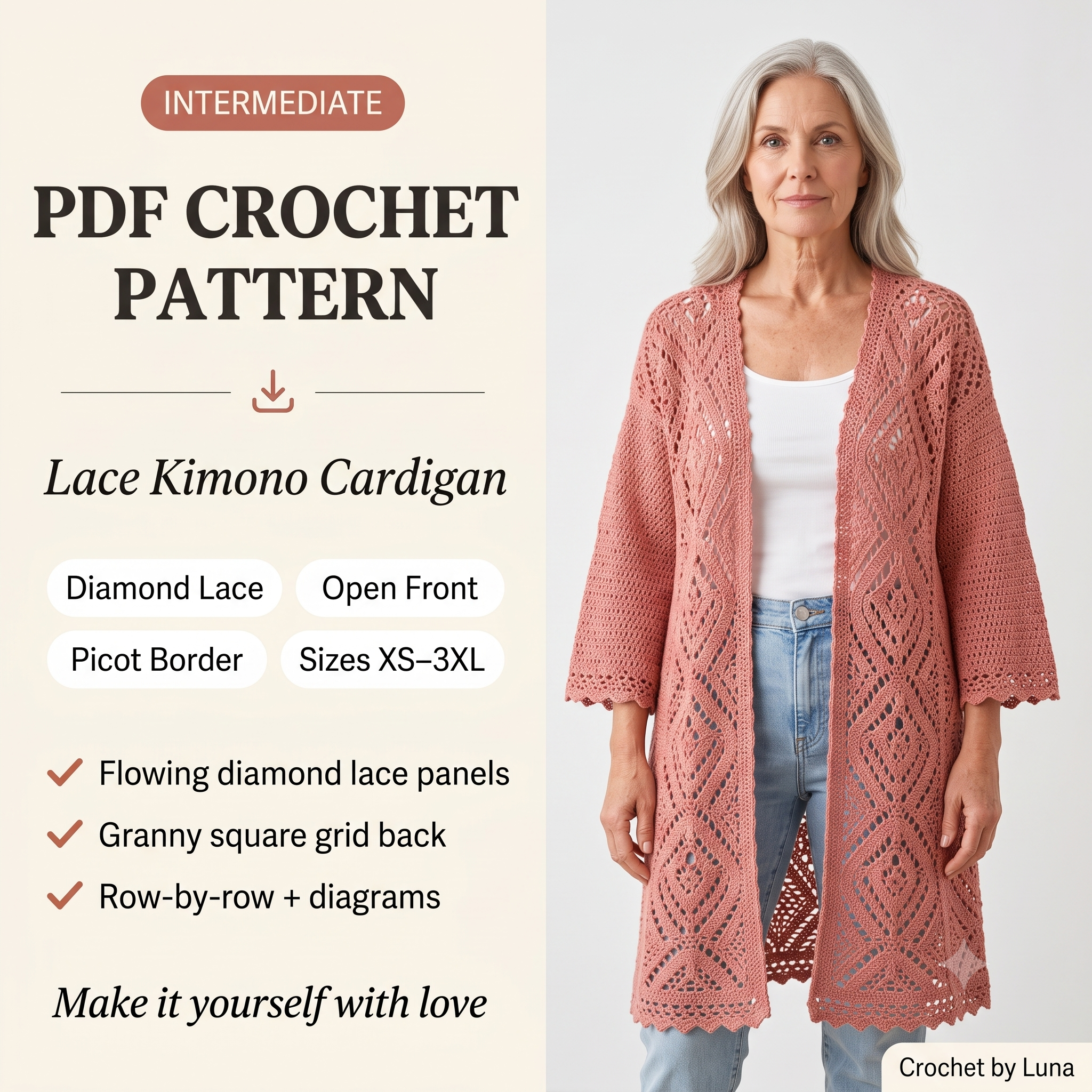 Kimono Cardigan Crochet Pattern PDF | Boho Lace Open Front Cardigan, Summer Beach Cover Up Pattern, Intermediate, US Terms, Sizes XS-3XL