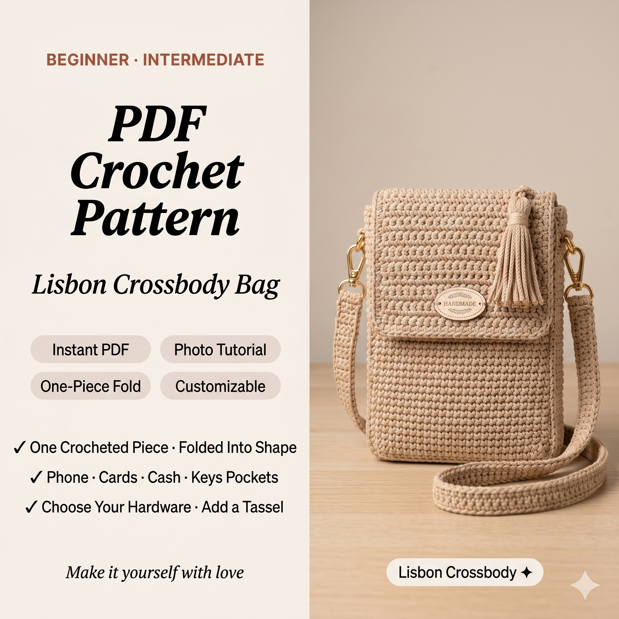 Crochet pattern-LISBON Crochet Crossbody Phone Purse, PDF shopping 1 strap summer Bag, Phone Case, Phone Holder, Tote Bag, Crochet Mini Bag