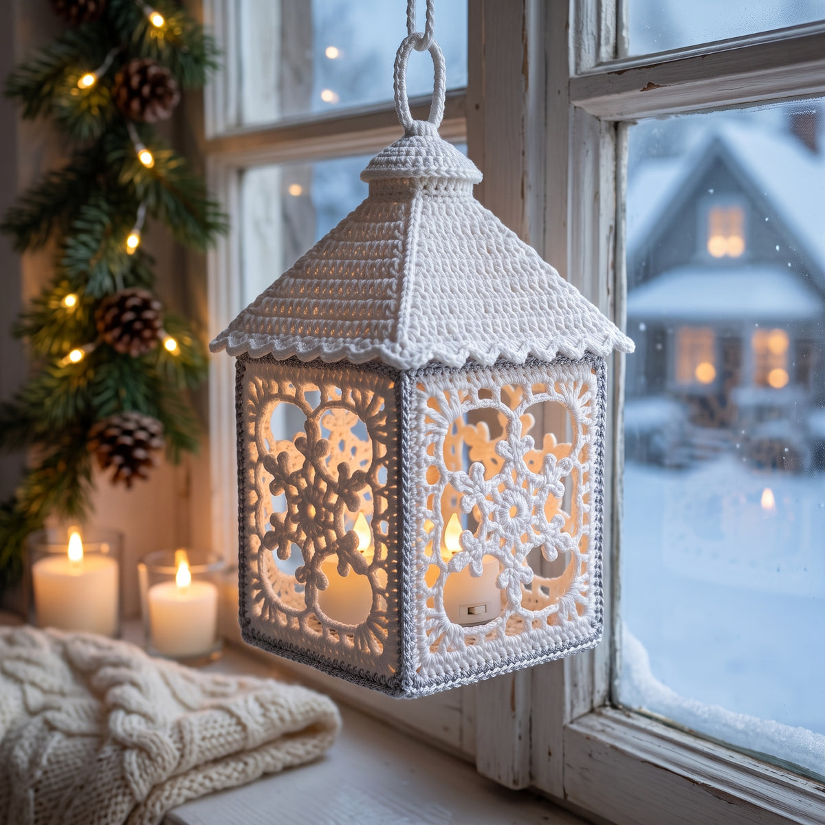 Crochet Lantern Pattern | Snowflake Lace Winter Lantern with Removable Roof | Fits a Battery Tea Light | Instant Download PDF