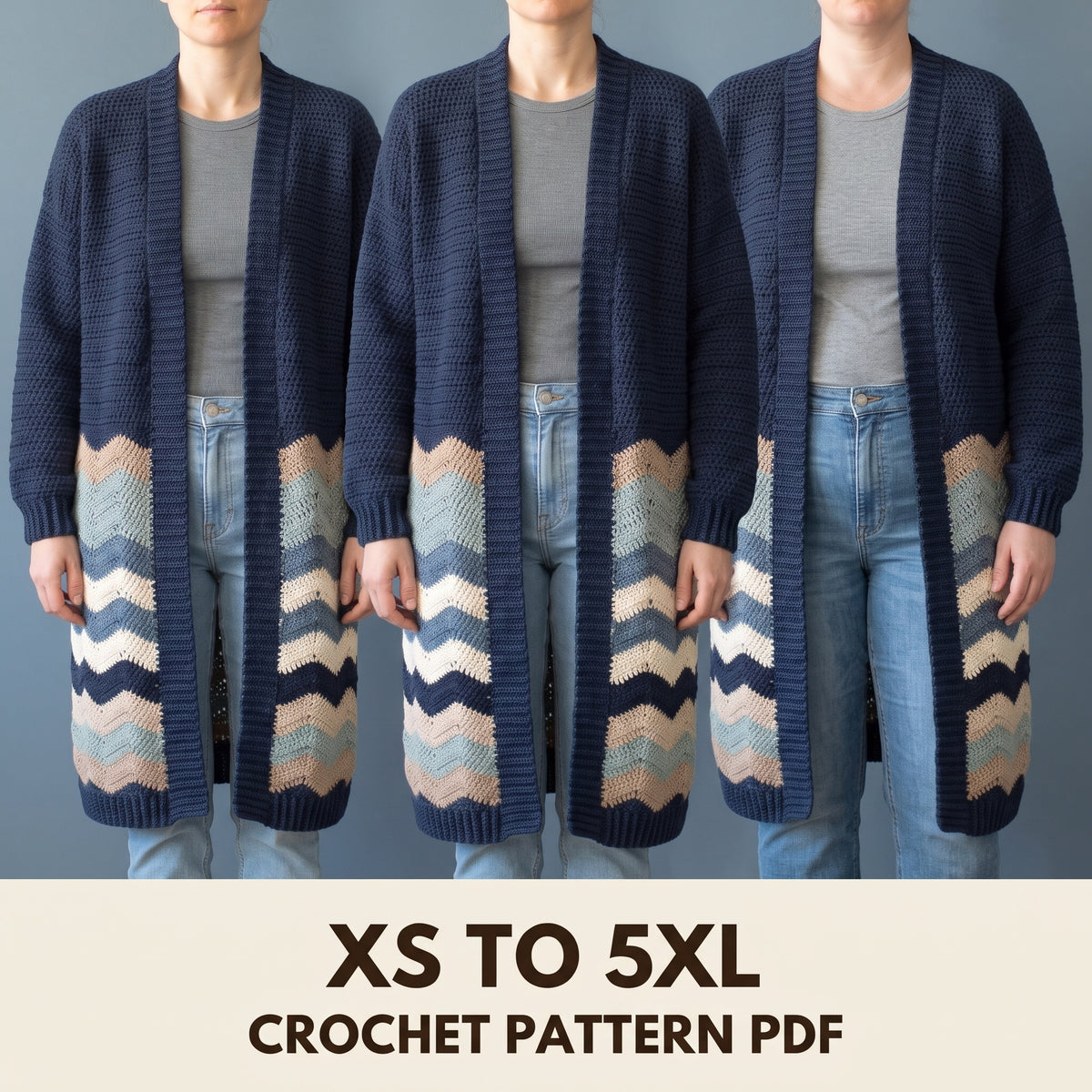 Long Crochet Cardigan Pattern, Rounded Wave Stripes in Blue and Sand, Flowy Blanket Cardigan, Instant PDF