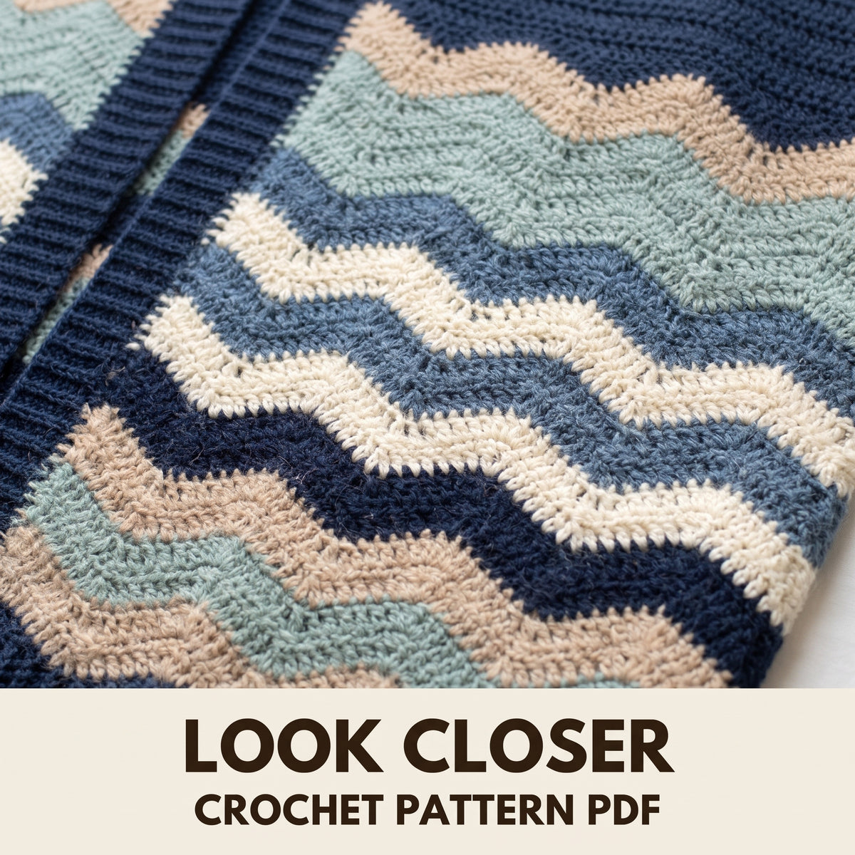 Long Crochet Cardigan Pattern, Rounded Wave Stripes in Blue and Sand, Flowy Blanket Cardigan, Instant PDF