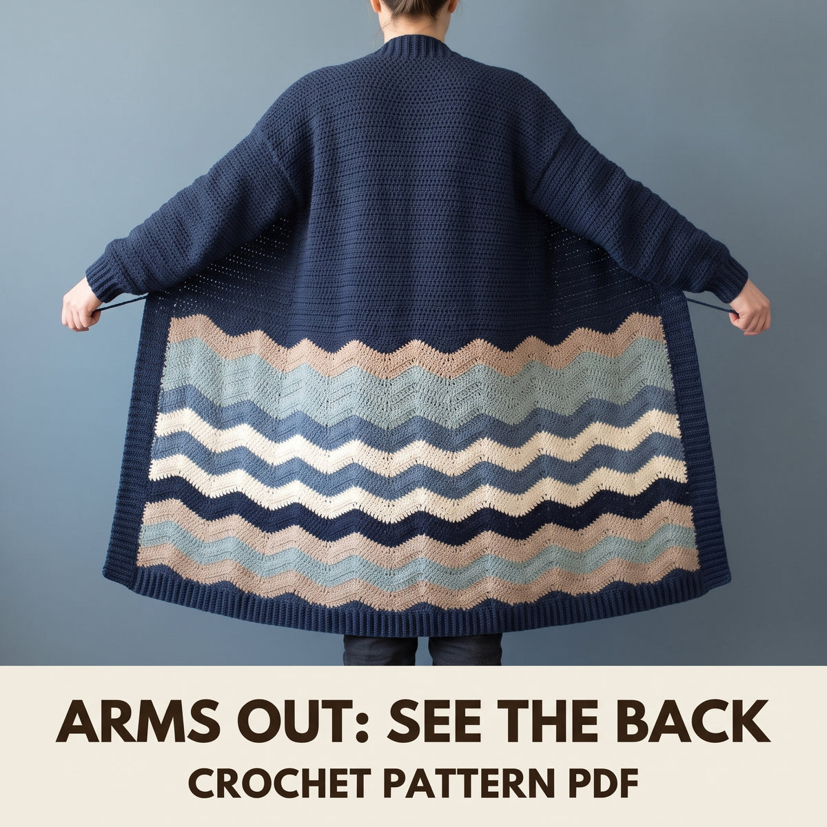 Long Crochet Cardigan Pattern, Rounded Wave Stripes in Blue and Sand, Flowy Blanket Cardigan, Instant PDF