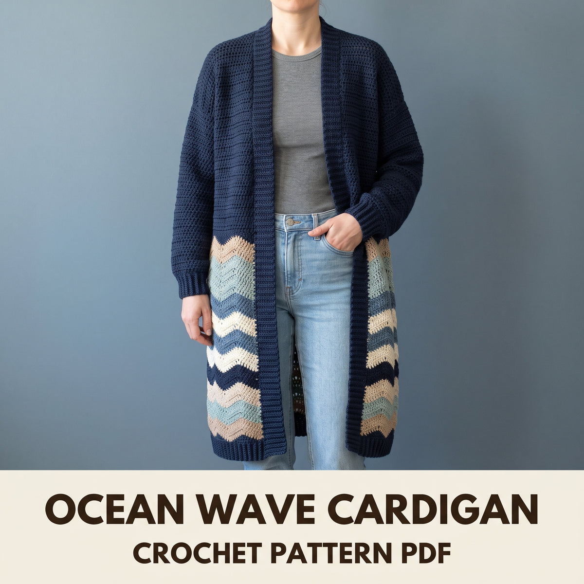 Long Crochet Cardigan Pattern, Rounded Wave Stripes in Blue and Sand, Flowy Blanket Cardigan, Instant PDF