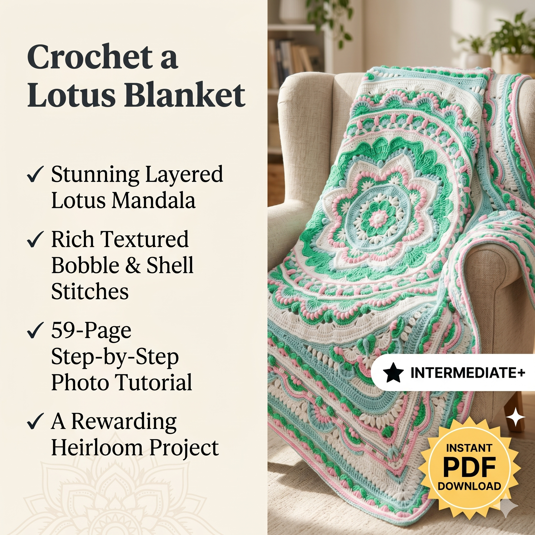 Lotus Crochet Blanket Pattern: Photo Tutorial (PDF)