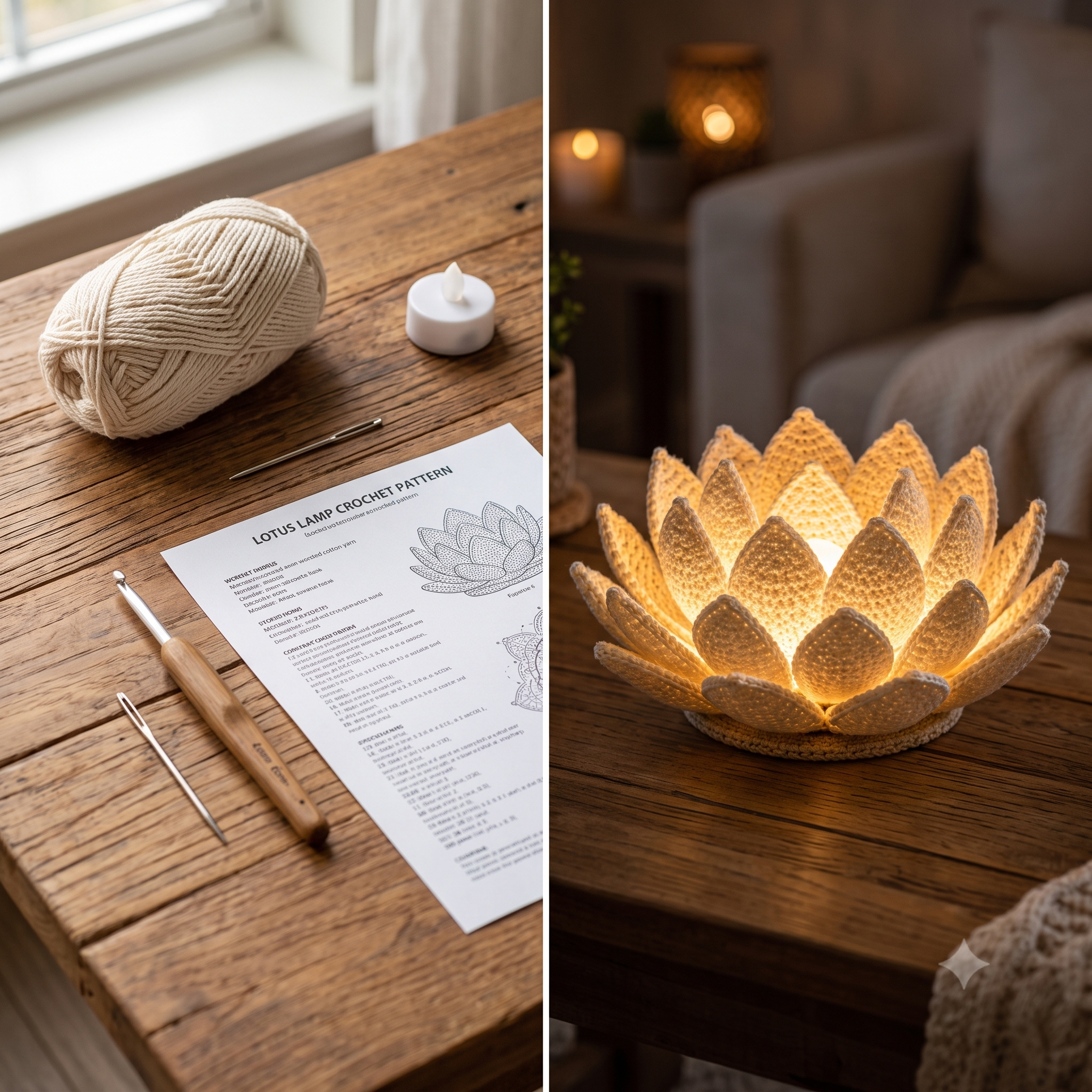 Crochet Lotus Flower Lamp Pattern PDF, Handmade Cotton Decor Light, LED Lotus Lamp, Cozy Home Decor, Beginner Friendly, Instant Download