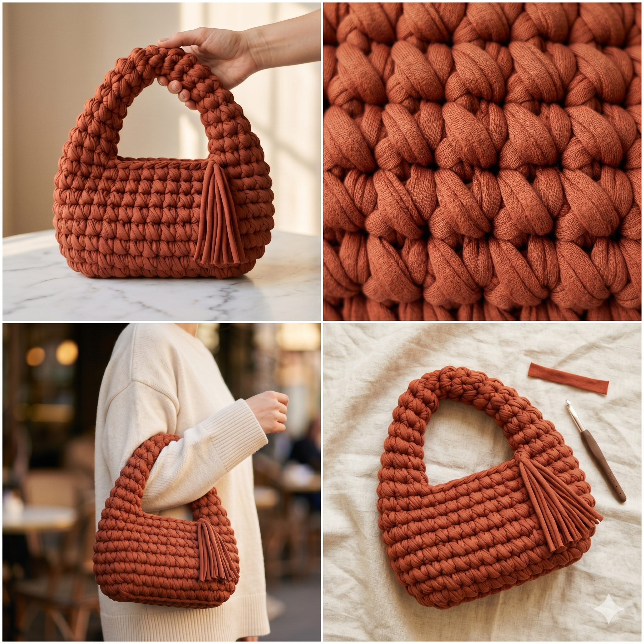 Crochet Bag PATTERN: Lydia T-shirt Yarn Hobo Bag, DIY Chunky Egg Shaped Handbag, Fringed Women Purse Pdf/Video (Digital Download)