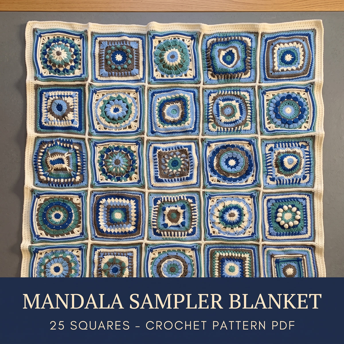 Mandala Blanket Crochet Pattern PDF, 25 Square Sampler Afghan