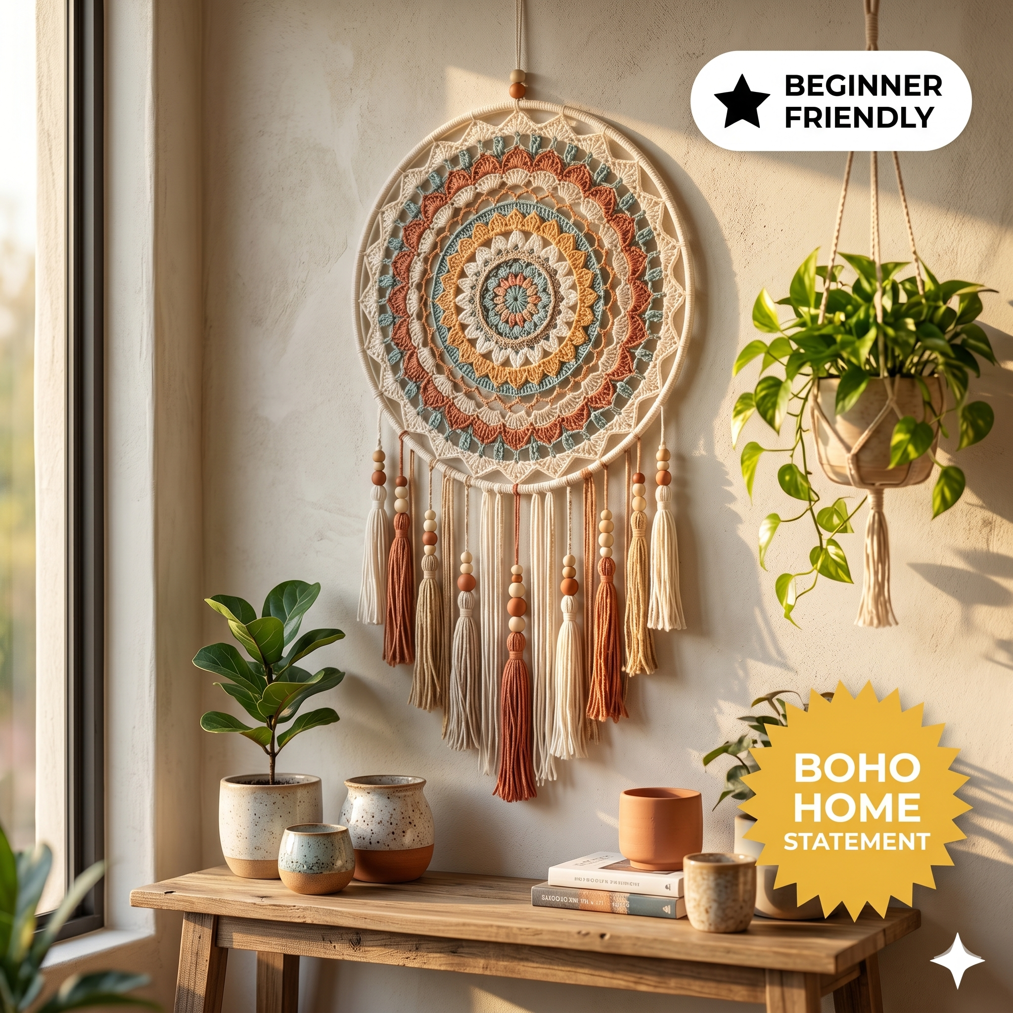 Crochet Pattern Mandala Dreams Dreamcatcher, Boho Crochet Pattern, Instant Download, Home decor crochet, Tutorial (US Terms)