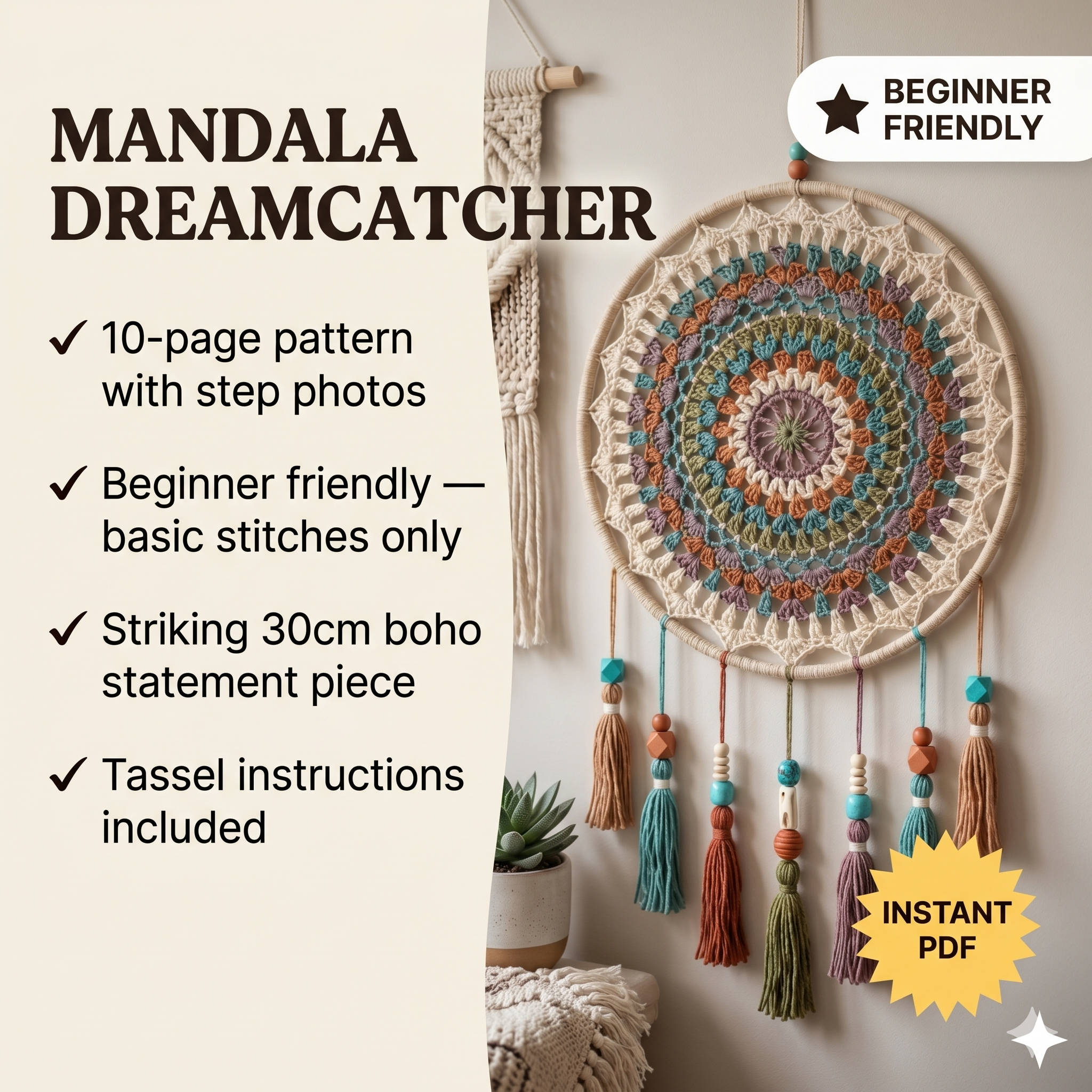 Crochet Pattern Mandala Dreams Dreamcatcher, Boho Crochet Pattern, Instant Download, Home decor crochet, Tutorial (US Terms)