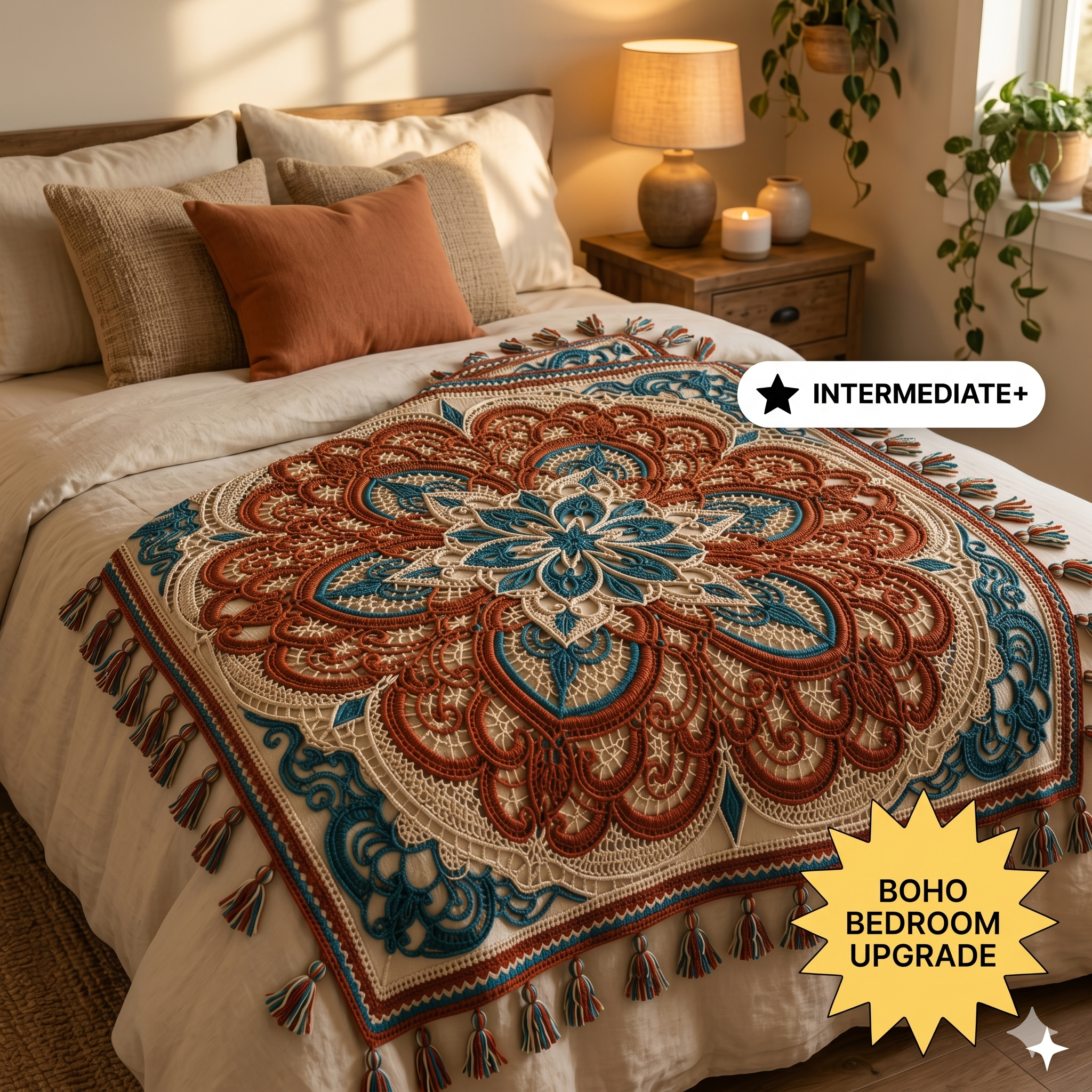 Crochet Mandala Lace Blanket Pattern | Boho Floral Afghan Throw (PDF Pattern)