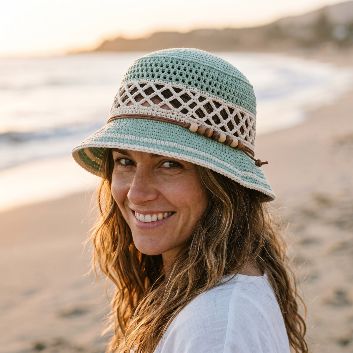 Crochet Bucket Hat Pattern PDF, Mesh Lattice Summer Bucket Hat, Mint and Cream Beach Hat, Beginner Crochet Pattern