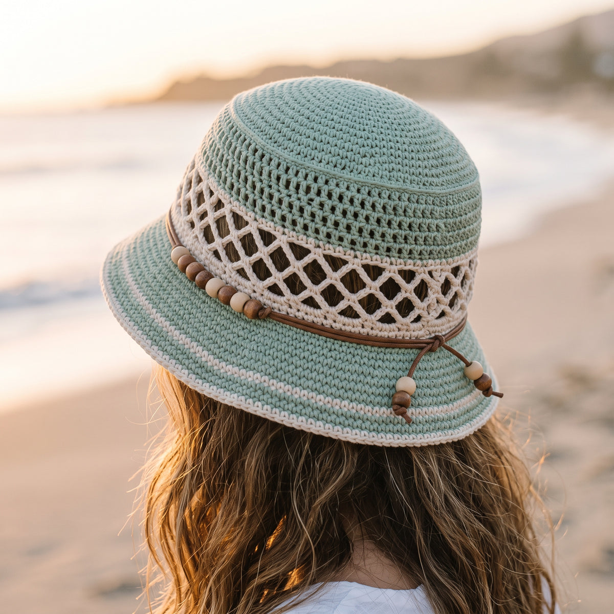 Crochet Bucket Hat Pattern PDF, Mesh Lattice Summer Bucket Hat, Mint and Cream Beach Hat, Beginner Crochet Pattern