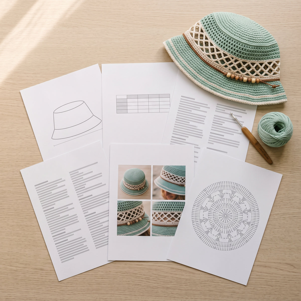 Crochet Bucket Hat Pattern PDF, Mesh Lattice Summer Bucket Hat, Mint and Cream Beach Hat, Beginner Crochet Pattern