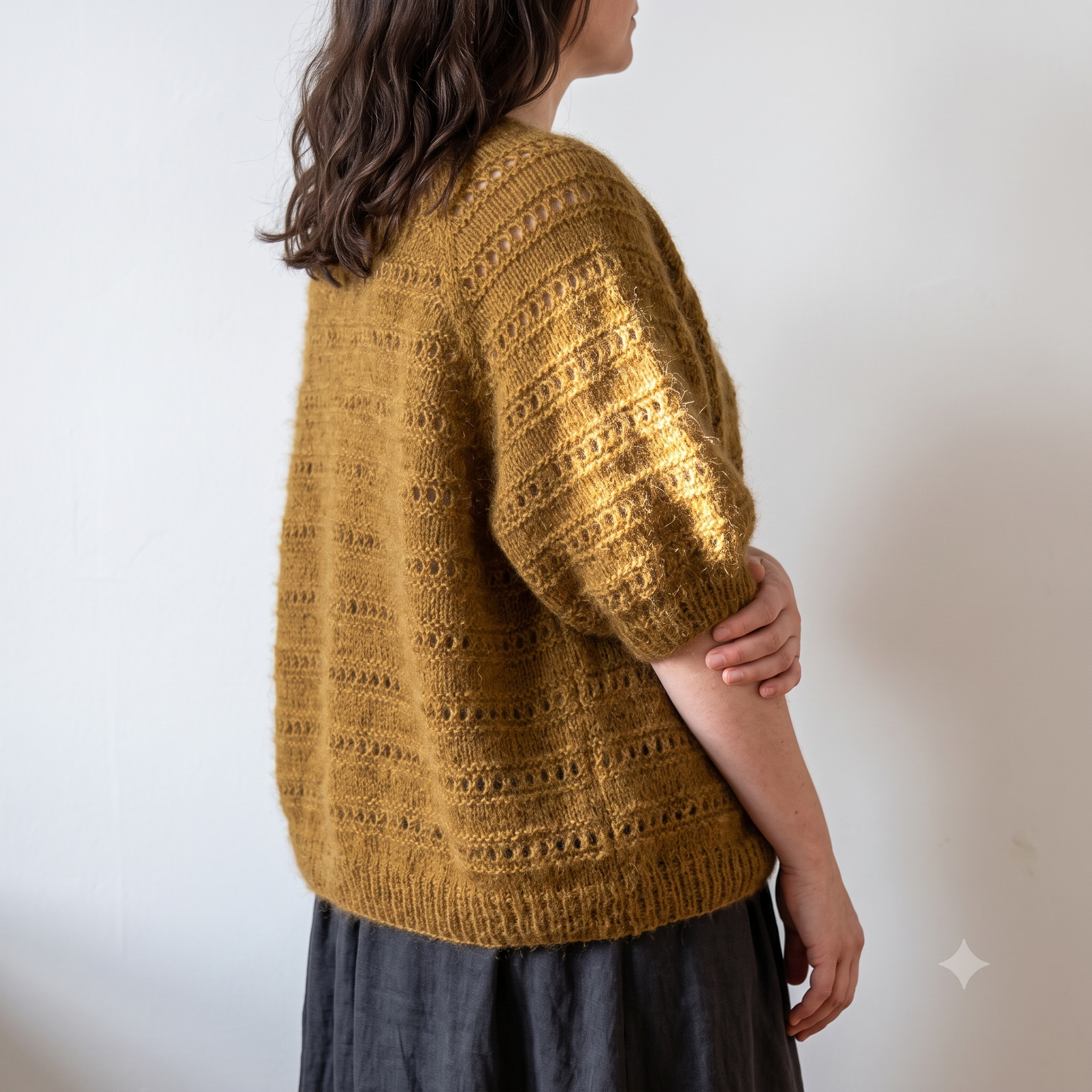 Mohair Tee Knitting Pattern PDF | Top Down Raglan Short Sleeve Sweater | Textured Eyelet Knit | 9 Sizes | Instant Download