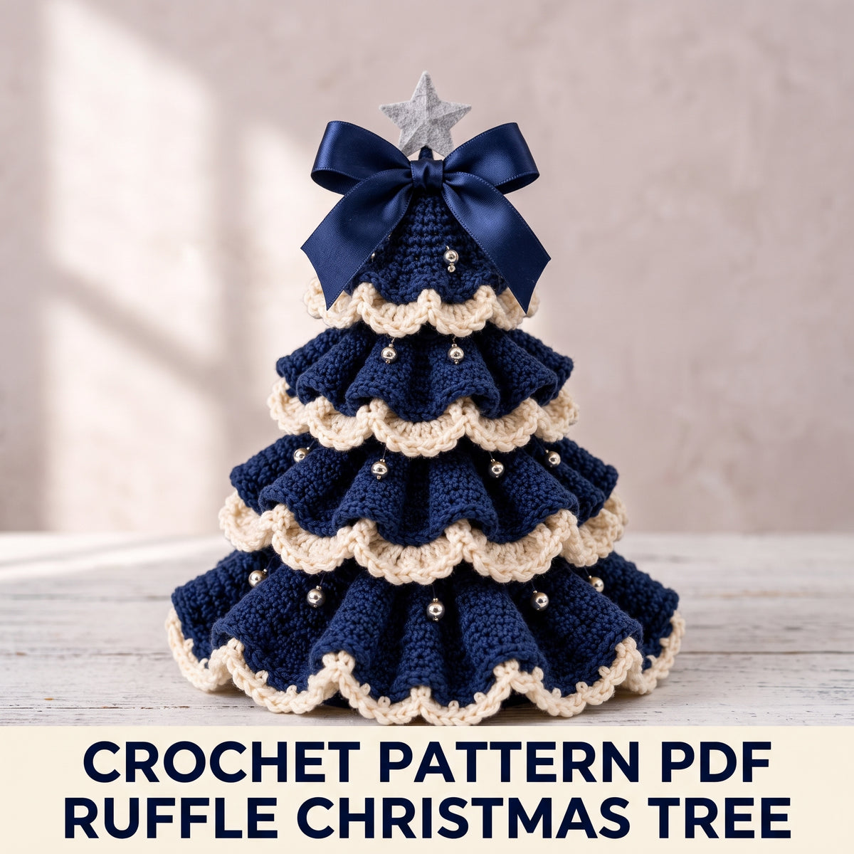 Navy Ruffle Christmas Tree Crochet Pattern PDF – 3 Sizes, Ivory Shell Edging, Felt Star Templates Included