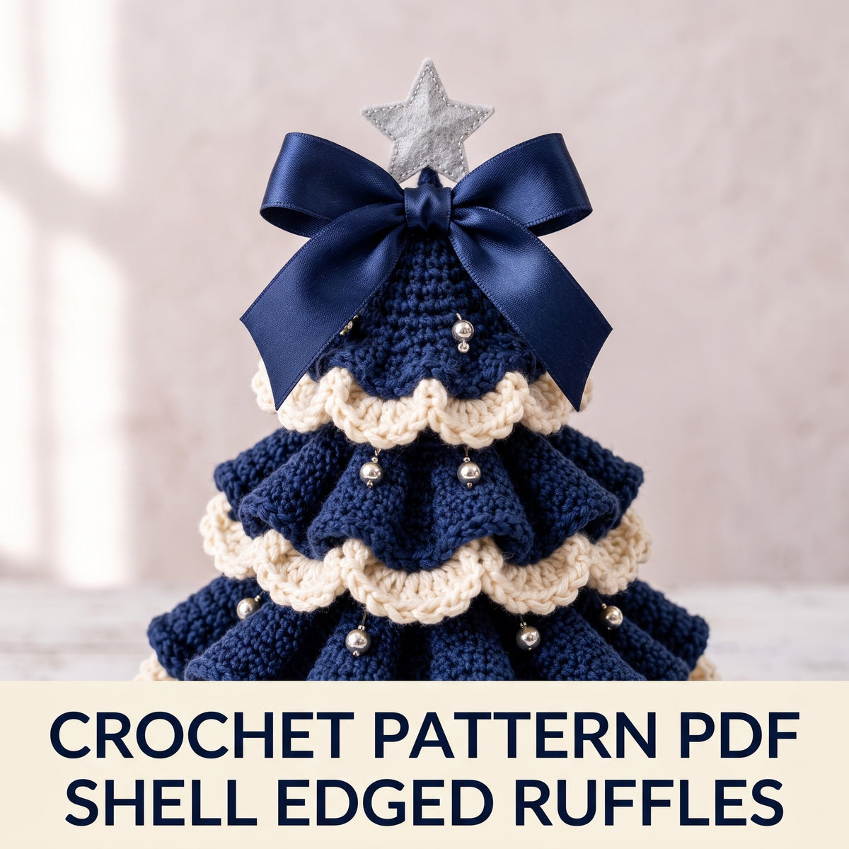 Navy Ruffle Christmas Tree Crochet Pattern PDF – 3 Sizes, Ivory Shell Edging, Felt Star Templates Included