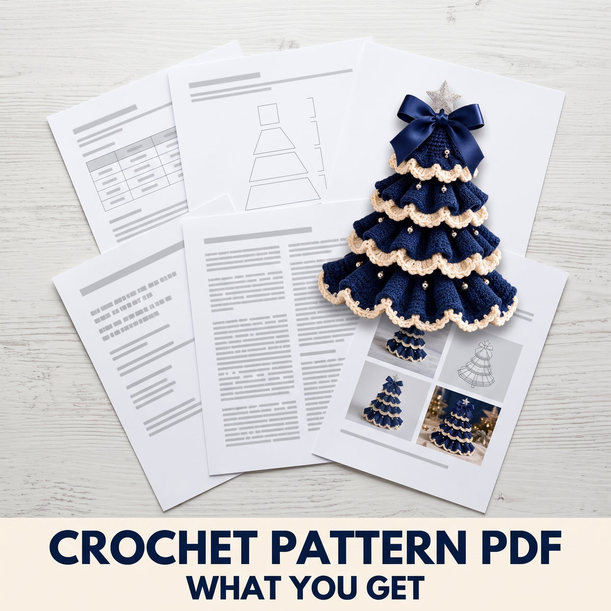 Navy Ruffle Christmas Tree Crochet Pattern PDF – 3 Sizes, Ivory Shell Edging, Felt Star Templates Included