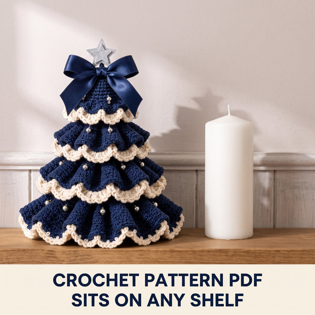 Navy Ruffle Christmas Tree Crochet Pattern PDF – 3 Sizes, Ivory Shell Edging, Felt Star Templates Included