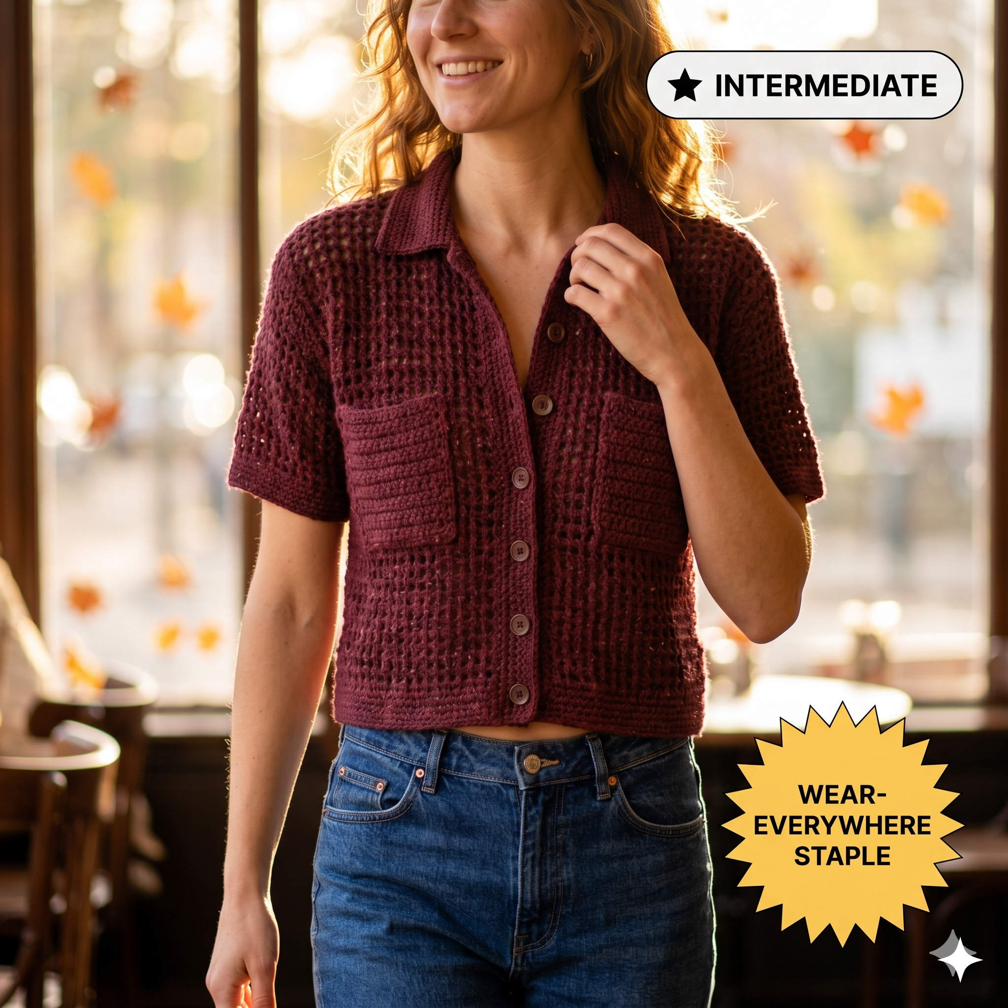Netting Crochet Polo with Pockets Pattern PDF Download | Stylish Mesh Crochet Top