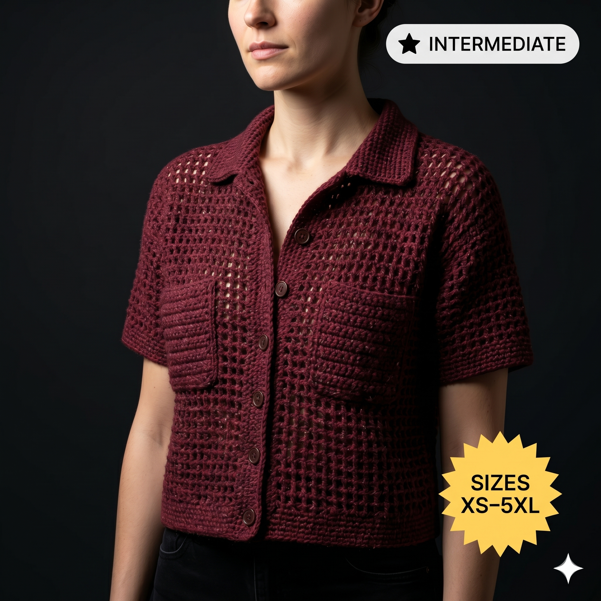 Netting Crochet Polo with Pockets Pattern PDF Download | Stylish Mesh Crochet Top