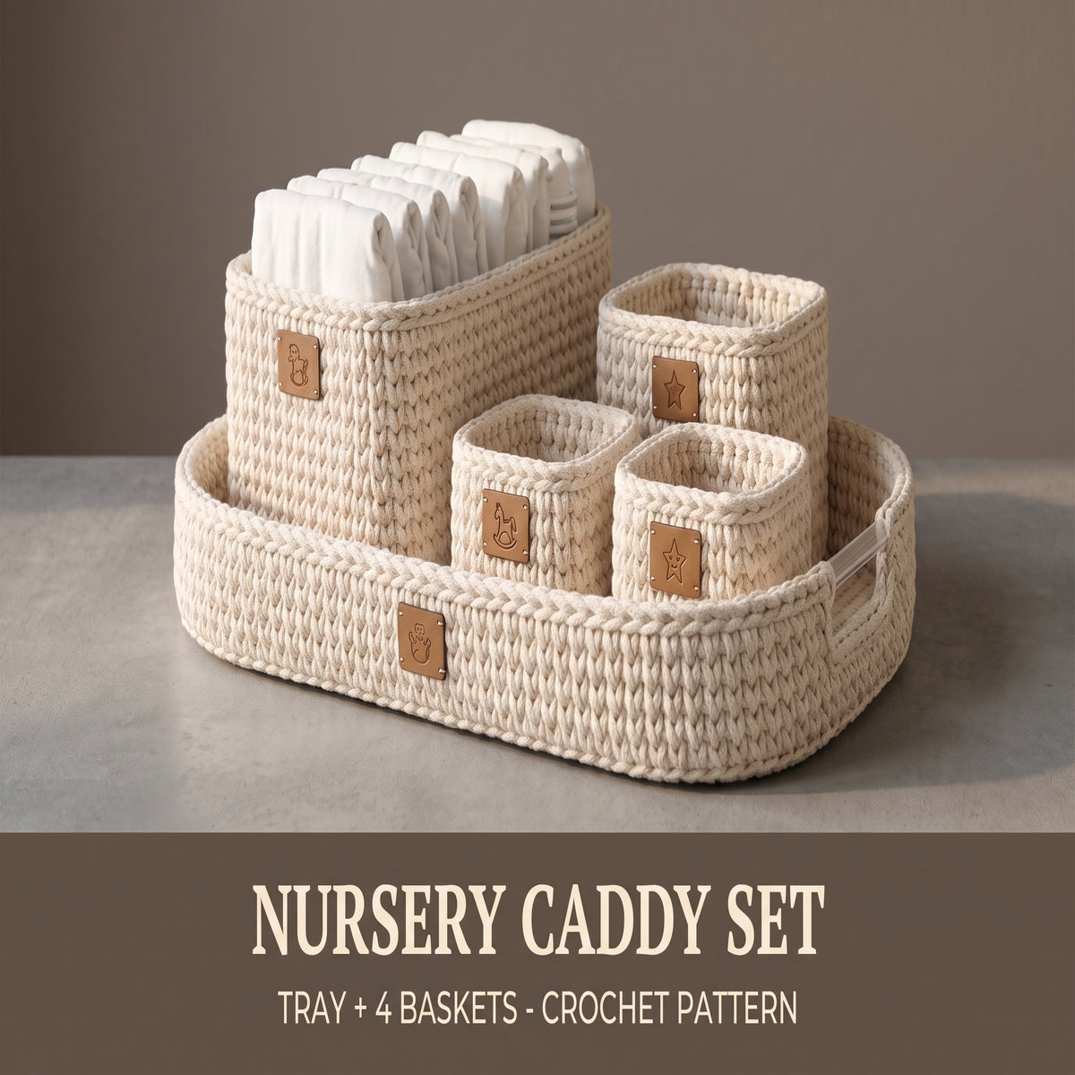 Nursery Diaper Caddy Crochet Pattern PDF, 5-Piece Basket Organizer