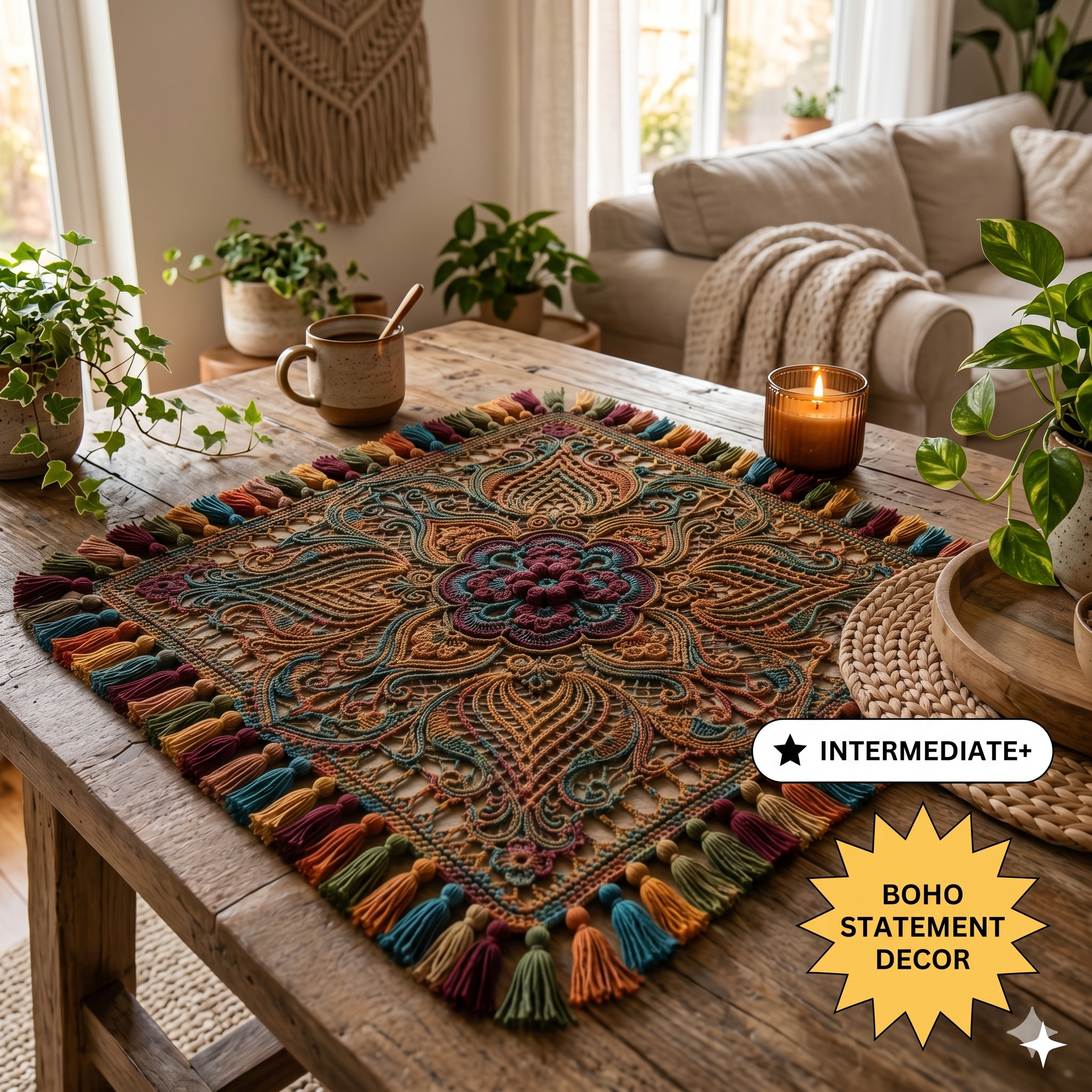 Ornate Tassel Crochet Blanket Pattern | Vintage Boho Floral Mandala Throw (PDF Pattern)