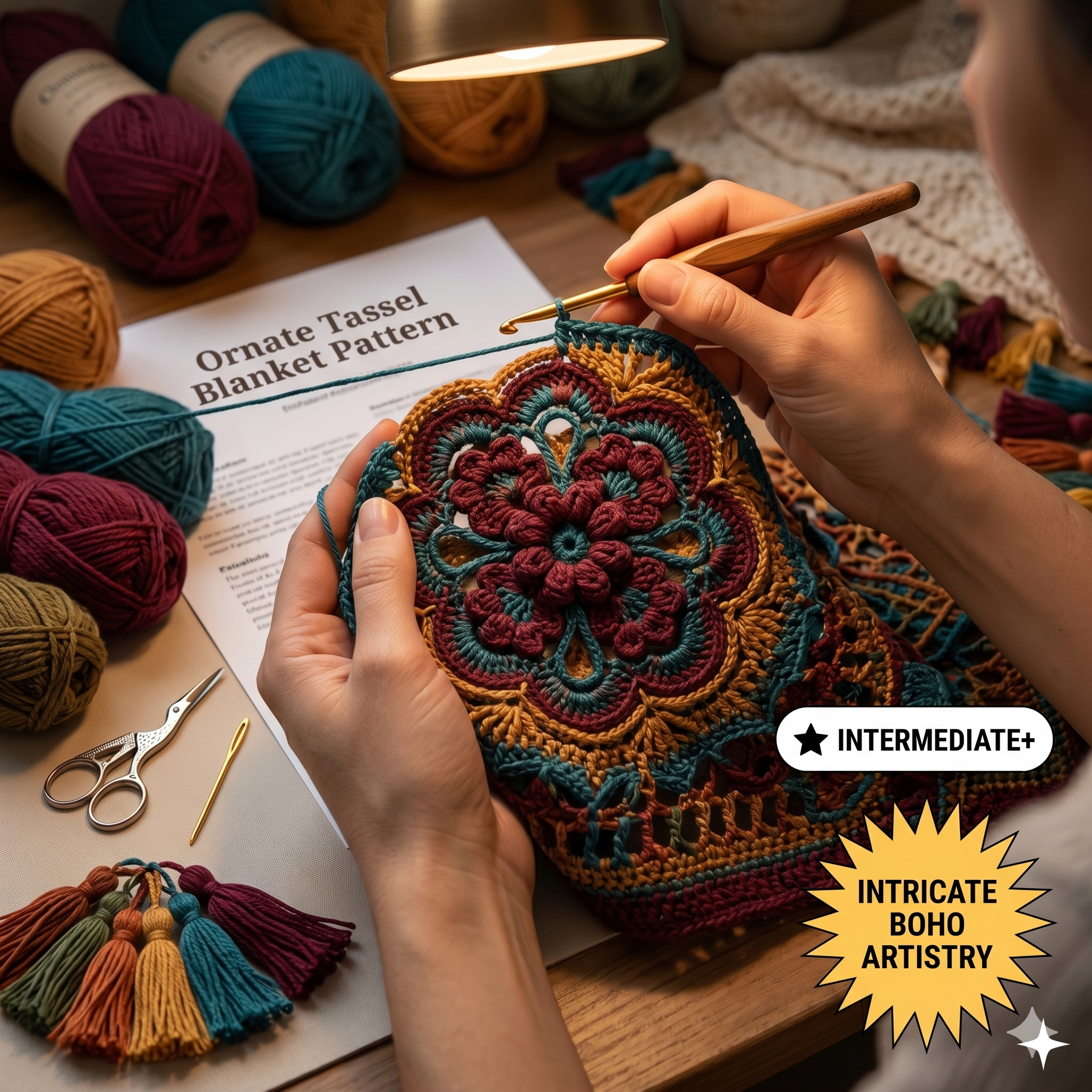 Ornate Tassel Crochet Blanket Pattern | Vintage Boho Floral Mandala Throw (PDF Pattern)
