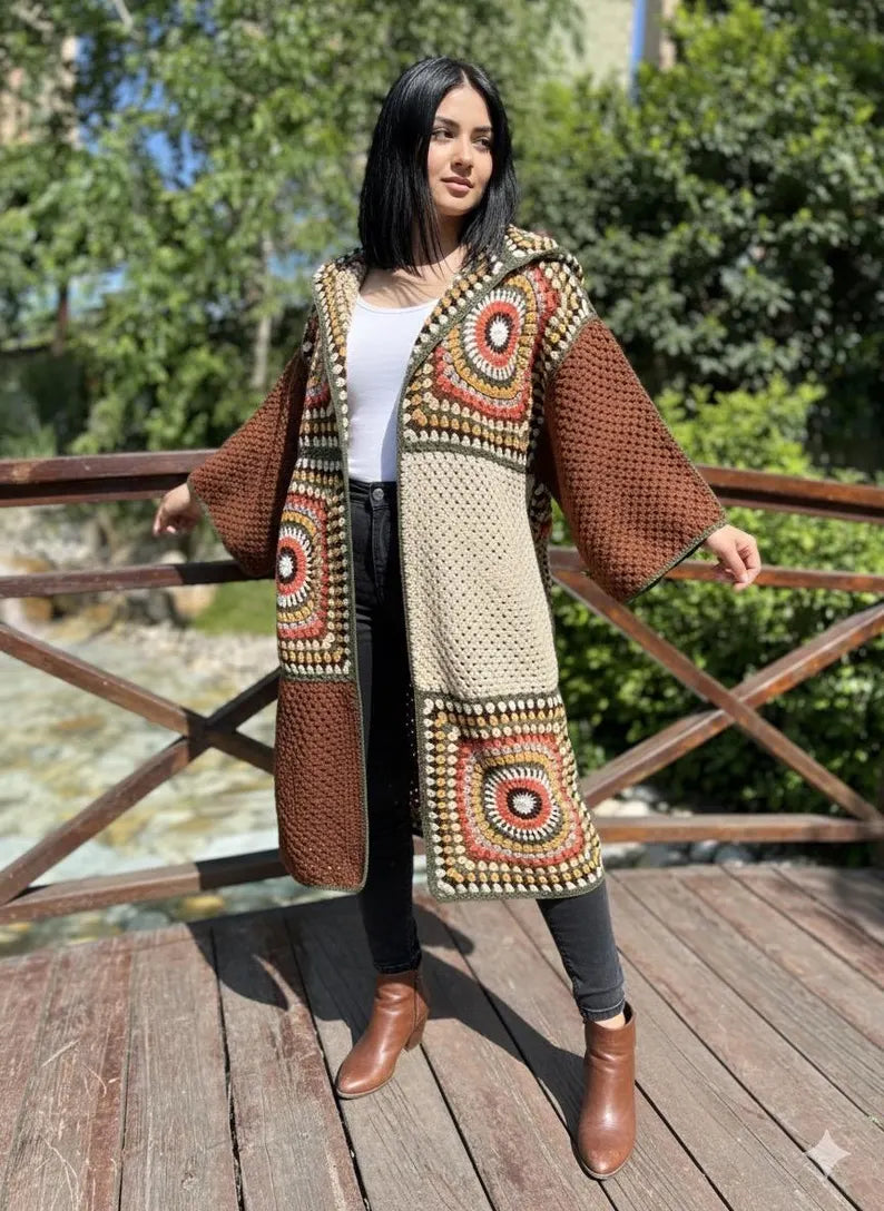 Crochet Hooded Cardigan Pattern PDF with Video Tutorial, Oversized Granny Square Coat DIY