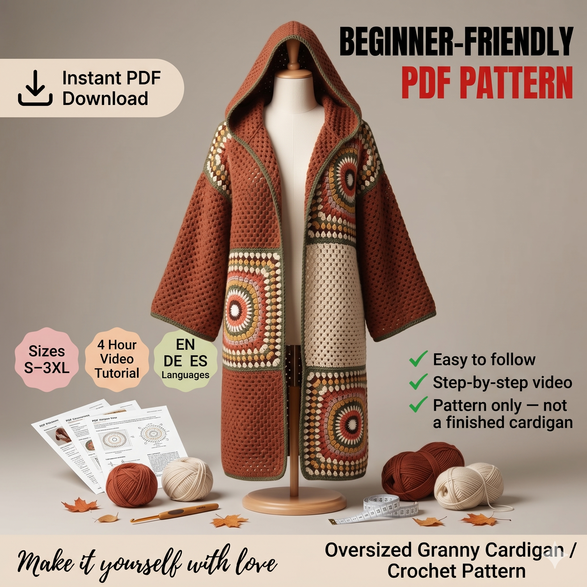 Crochet Hooded Cardigan Pattern PDF with Video Tutorial, Oversized Granny Square Coat DIY