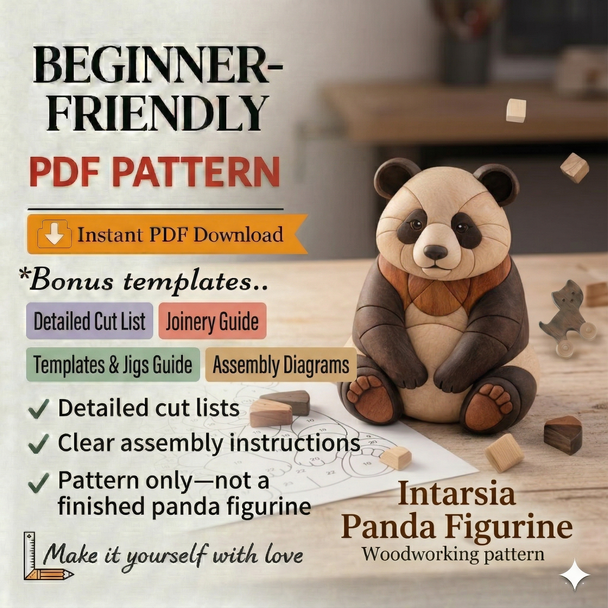 Panda Intarsia Pattern – Scroll Saw Woodworking Project (Digital Download)