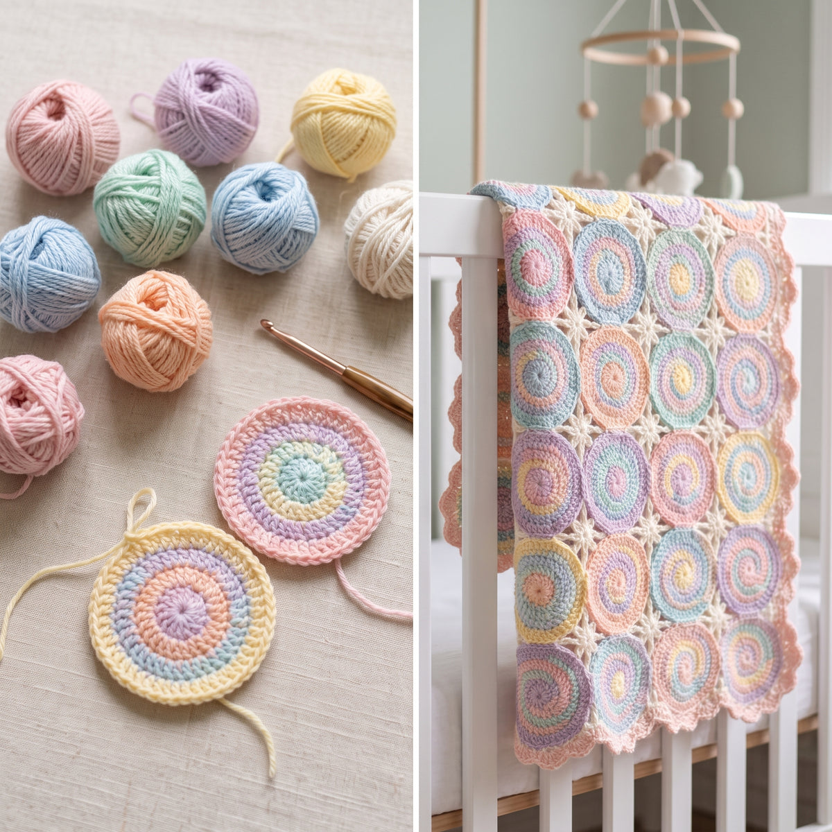 Pastel Spiral Baby Blanket Crochet Pattern PDF, Swirl Motif Baby Afghan with Star Joins, Baby Shower Gift, Instant Download