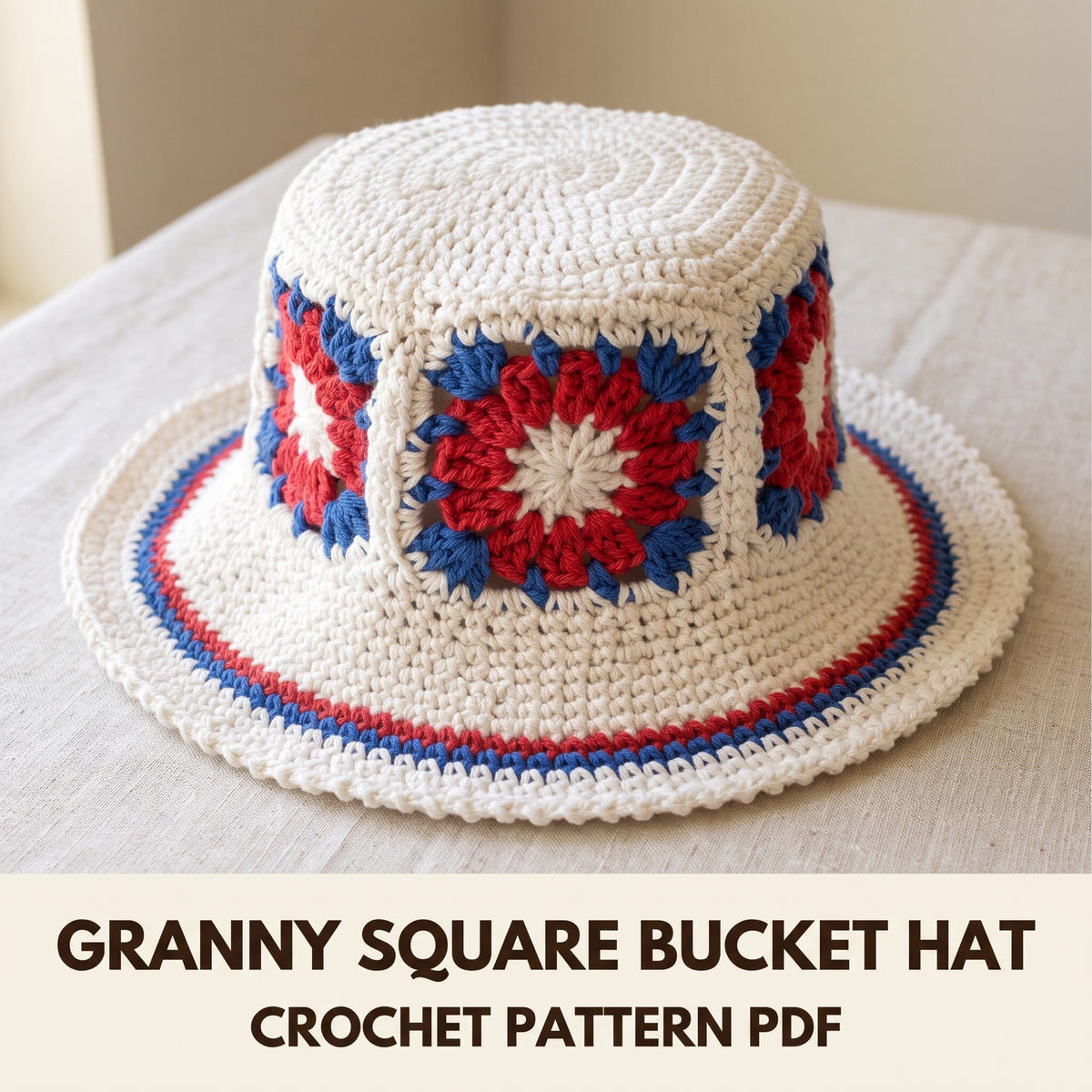 Patriotic Bucket Hat Crochet Pattern PDF, Granny Square Hat for Women and Teens, Three Head Sizes