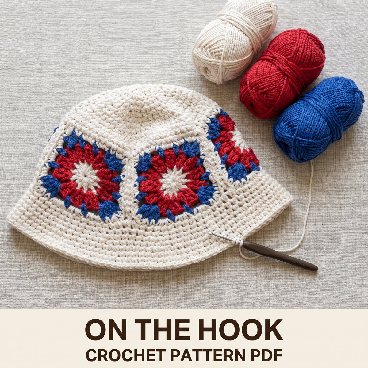 Patriotic Bucket Hat Crochet Pattern PDF, Granny Square Hat for Women and Teens, Three Head Sizes