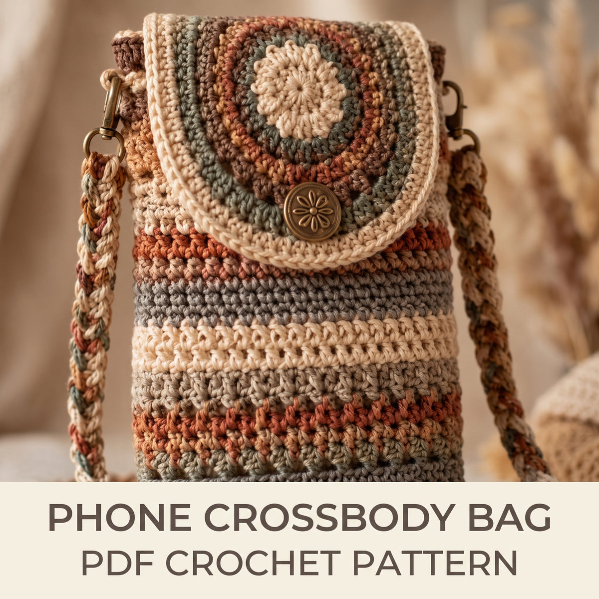 Phone Bag Crochet Pattern PDF | Boho Crossbody Pouch with Mandala Flap and Braided Strap, US Terms