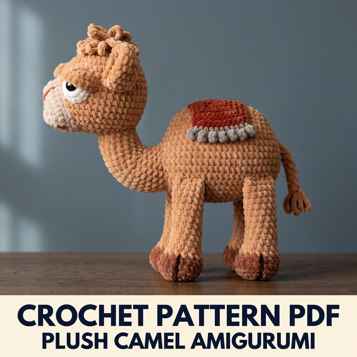 Plush Camel Amigurumi Crochet Pattern PDF – Chenille Yarn Camel with Saddle, Sleepy Face, Step Photos