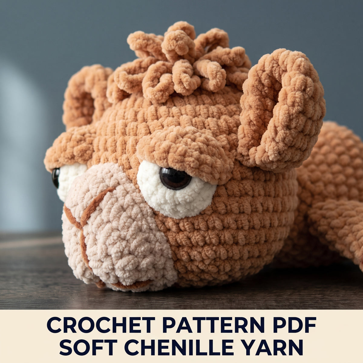 Plush Camel Amigurumi Crochet Pattern PDF – Chenille Yarn Camel with Saddle, Sleepy Face, Step Photos