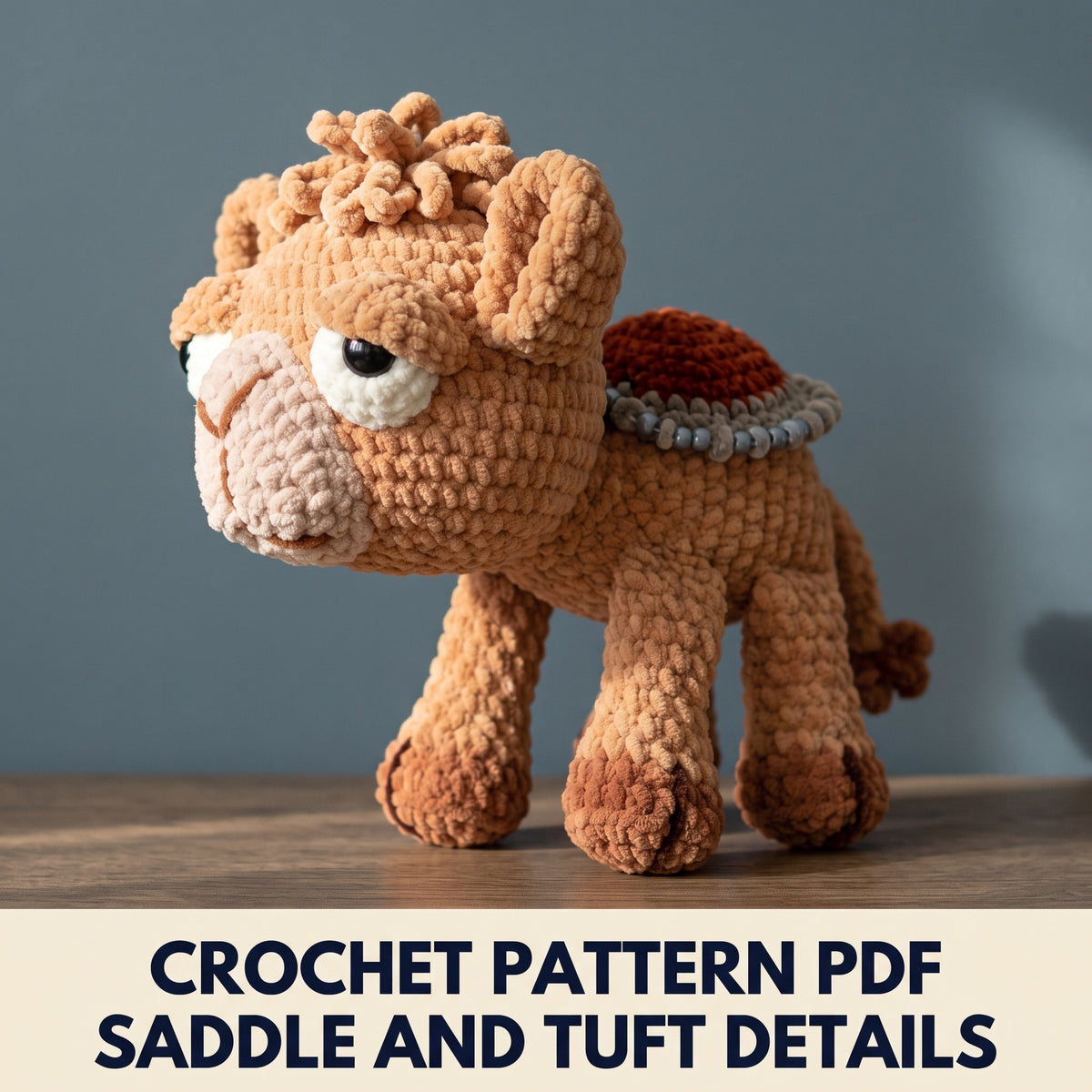 Plush Camel Amigurumi Crochet Pattern PDF – Chenille Yarn Camel with Saddle, Sleepy Face, Step Photos