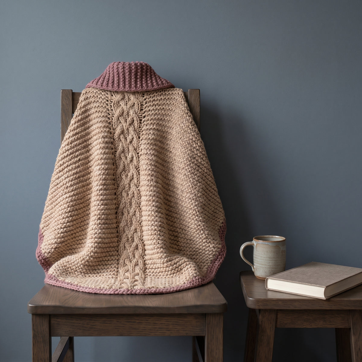 Poncho Knitting Pattern PDF, Garter Stitch Wrap with Cable Spine