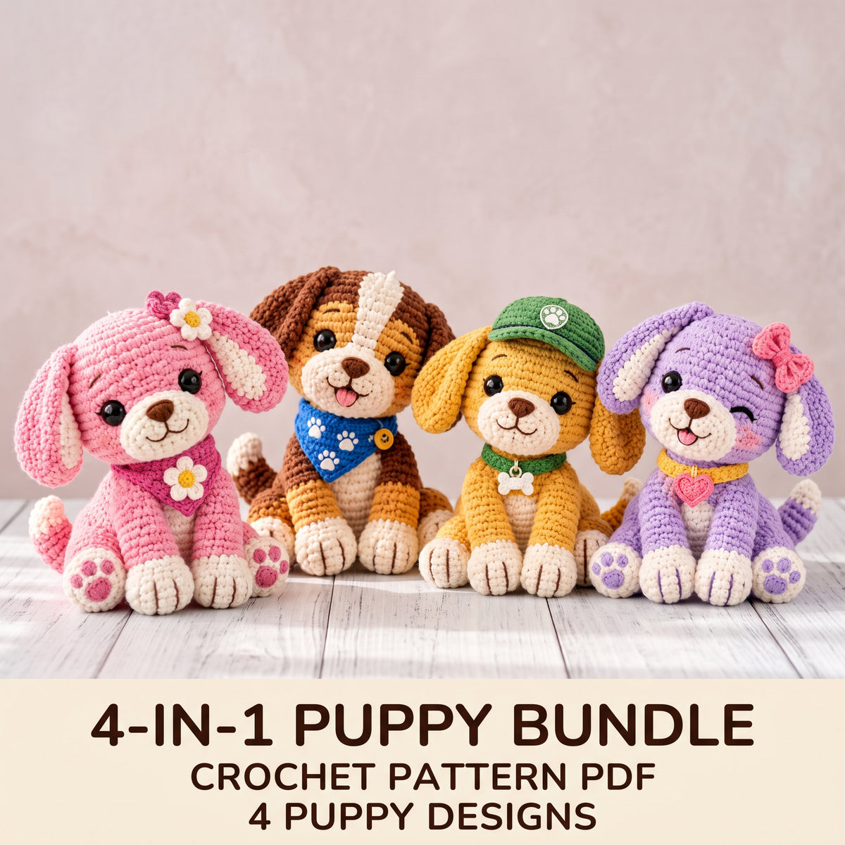 Crochet Puppy Pattern Bundle, 4 Amigurumi Dogs, Pink Daisy, Caramel, Golden and Lavender Puppy, PDF Pattern