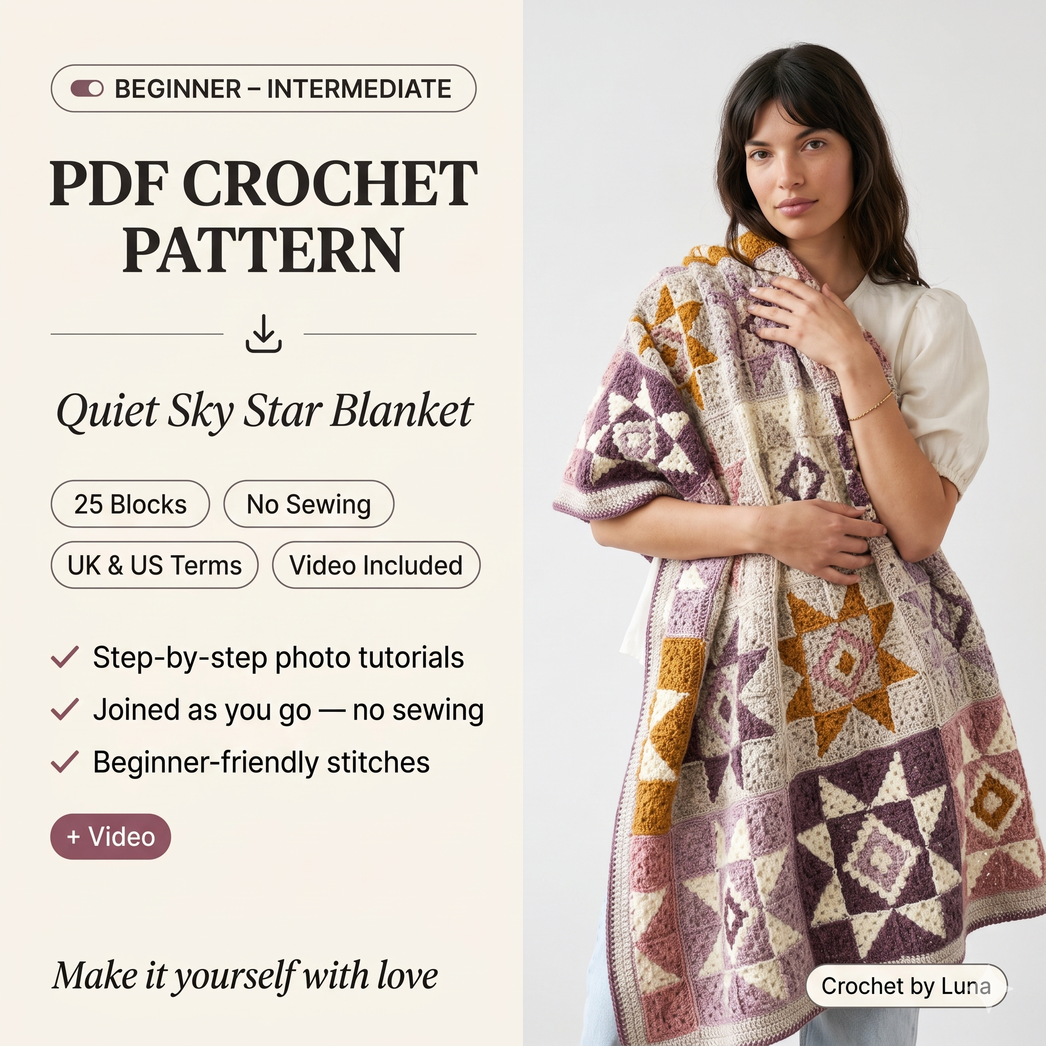Quiet Sky Star Blanket — Crochet Pattern (PDF) | Modern Quilt-Inspired No-Sew Throw