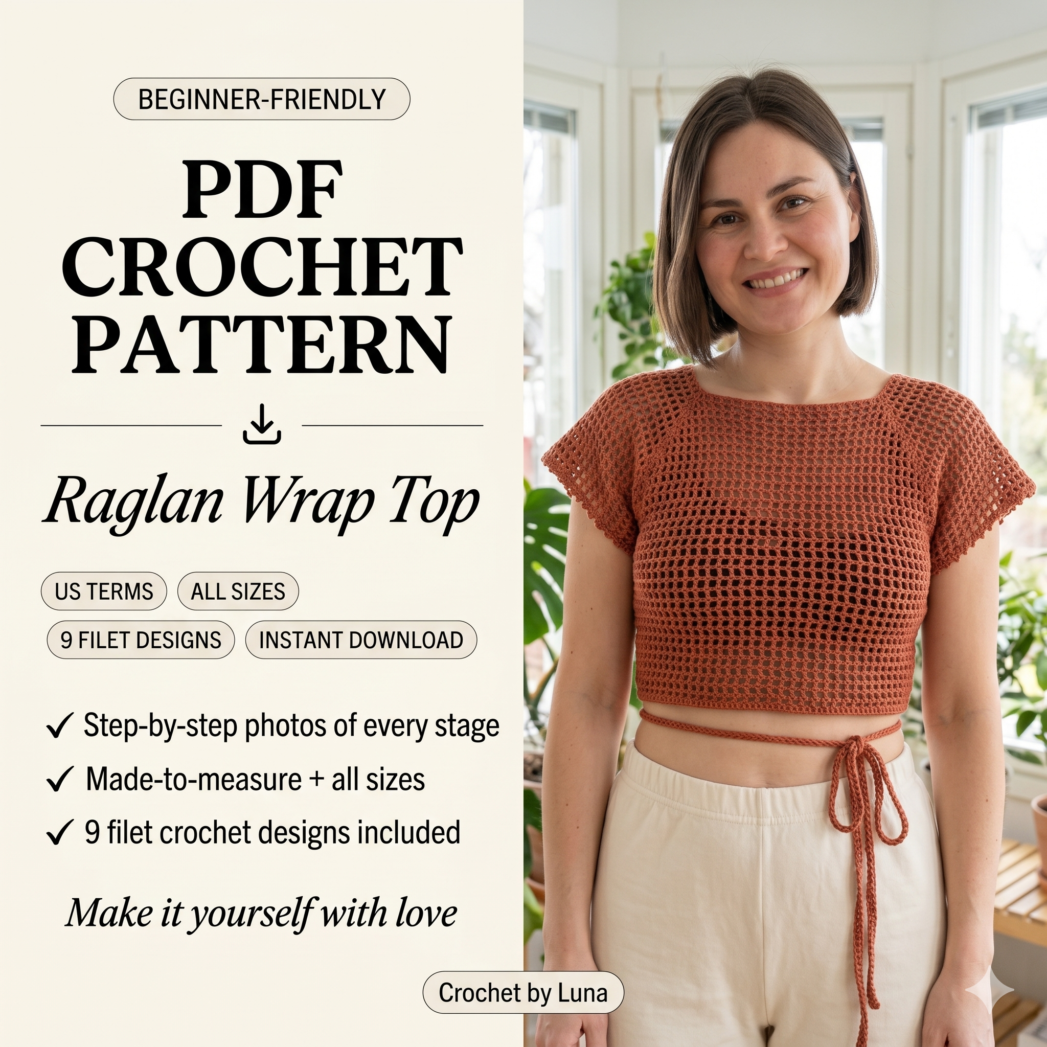 Raglan Wrap Top — Crochet Pattern (PDF) | Filet Crochet Summer Top