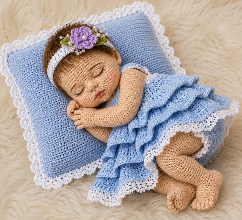 Realistic Sleeping Newborn Baby Doll Crochet Pattern PDF | Advanced Amigurumi Doll with 3D Face, Fingers, Toes, Dress & Pillow Prop