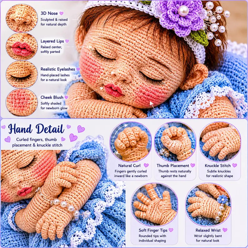 Realistic Sleeping Newborn Baby Doll Crochet Pattern PDF | Advanced Amigurumi Doll with 3D Face, Fingers, Toes, Dress & Pillow Prop
