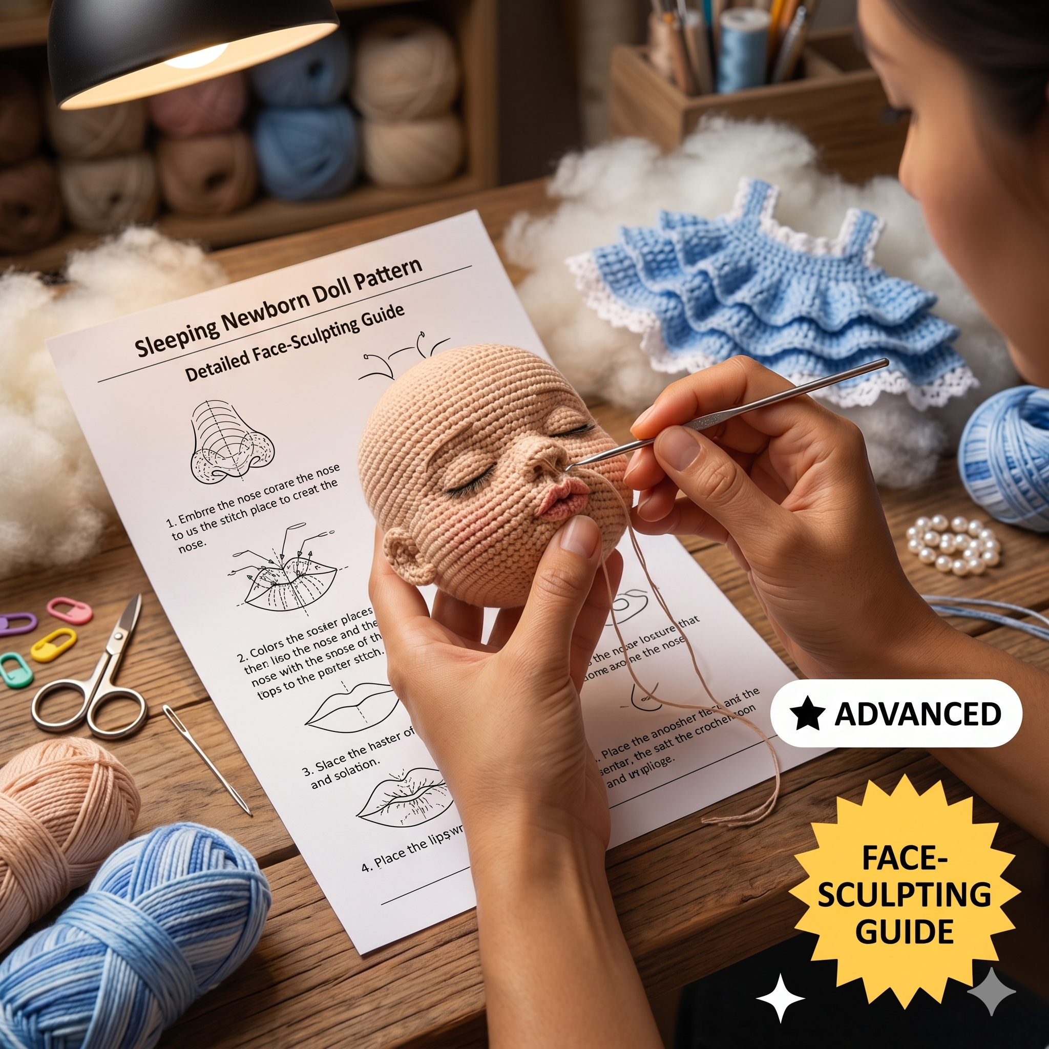 Realistic Sleeping Newborn Baby Doll Crochet Pattern PDF | Advanced Amigurumi Doll with 3D Face, Fingers, Toes, Dress & Pillow Prop