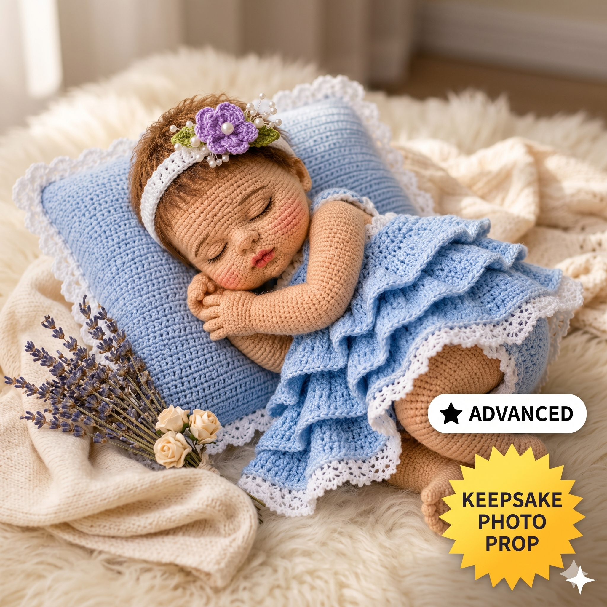 Realistic Sleeping Newborn Baby Doll Crochet Pattern PDF | Advanced Amigurumi Doll with 3D Face, Fingers, Toes, Dress & Pillow Prop