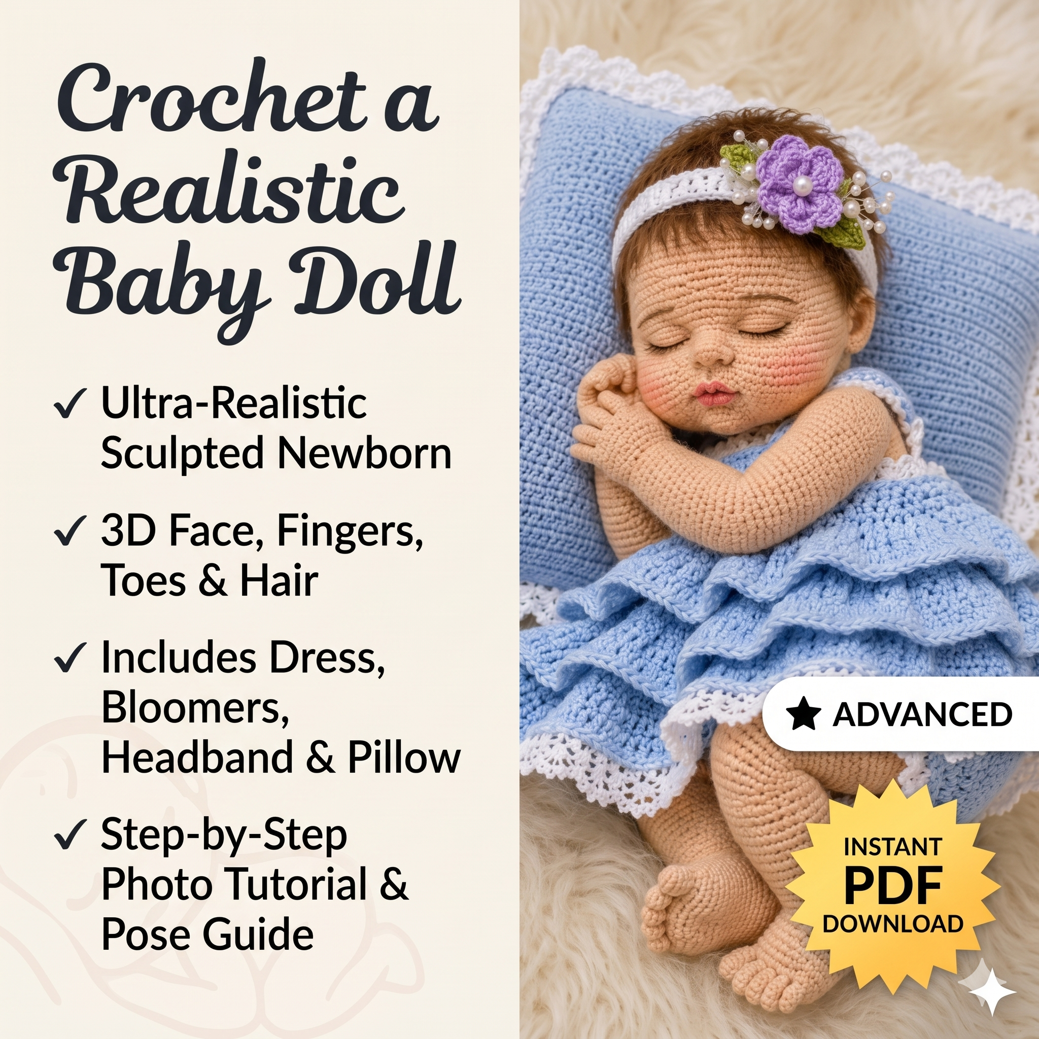 Realistic Sleeping Newborn Baby Doll Crochet Pattern PDF | Advanced Amigurumi Doll with 3D Face, Fingers, Toes, Dress & Pillow Prop