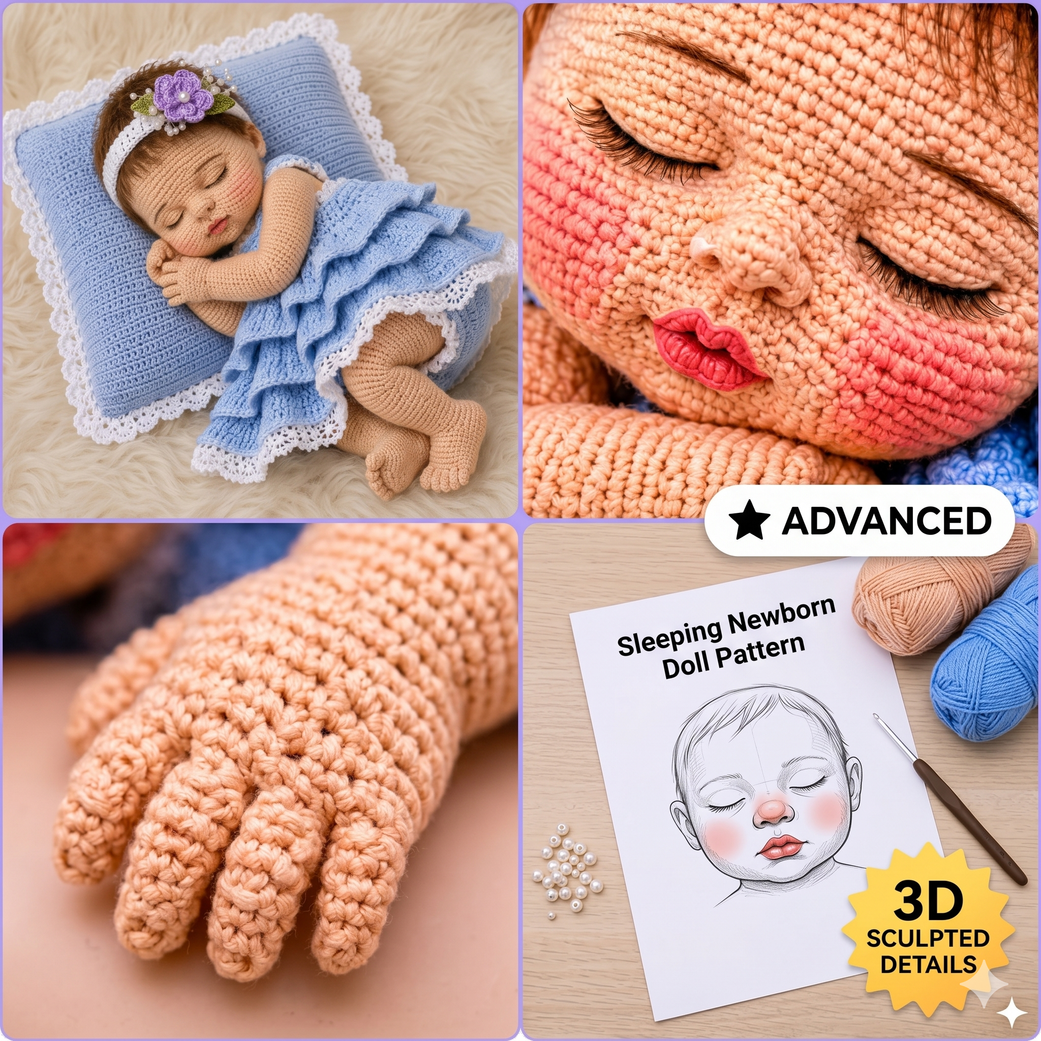 Realistic Sleeping Newborn Baby Doll Crochet Pattern PDF | Advanced Amigurumi Doll with 3D Face, Fingers, Toes, Dress & Pillow Prop