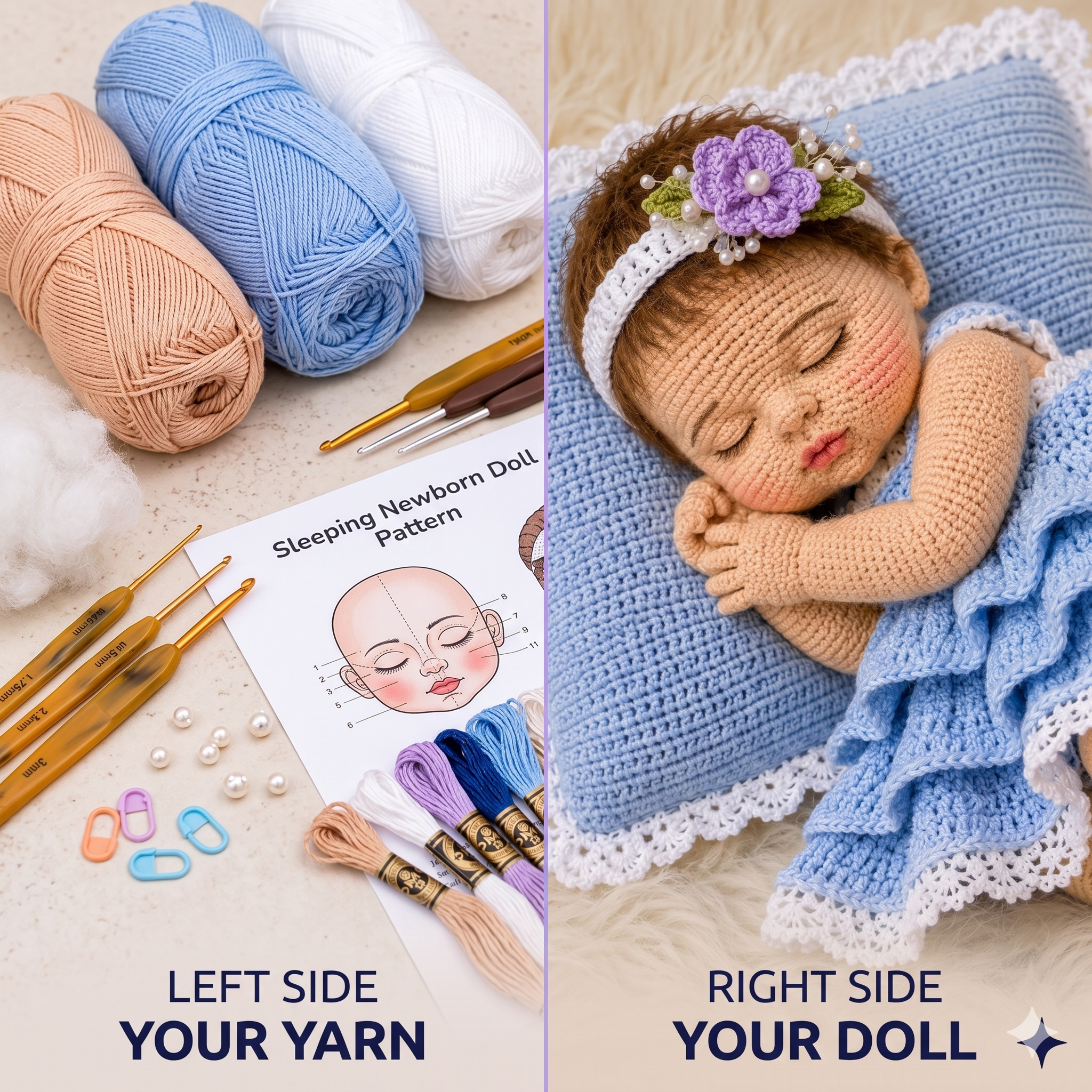 Realistic Sleeping Newborn Baby Doll Crochet Pattern PDF | Advanced Amigurumi Doll with 3D Face, Fingers, Toes, Dress & Pillow Prop
