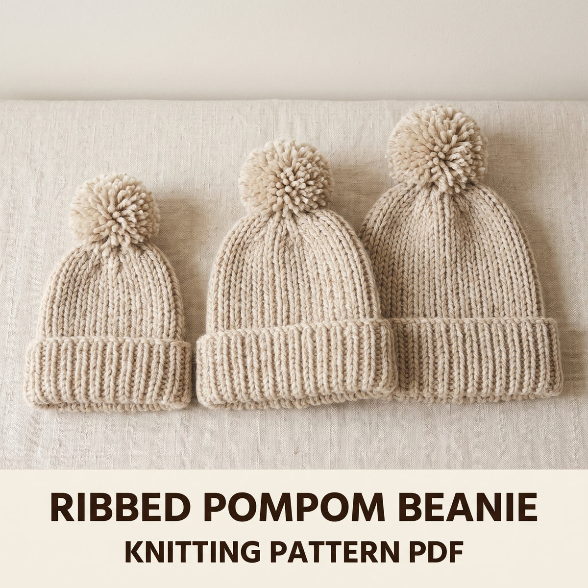 Ribbed Beanie Knitting Pattern PDF, Pompom Hat in 3 Sizes, Toddler 2–4, Child 8–10 and Adult, Beginner Friendly