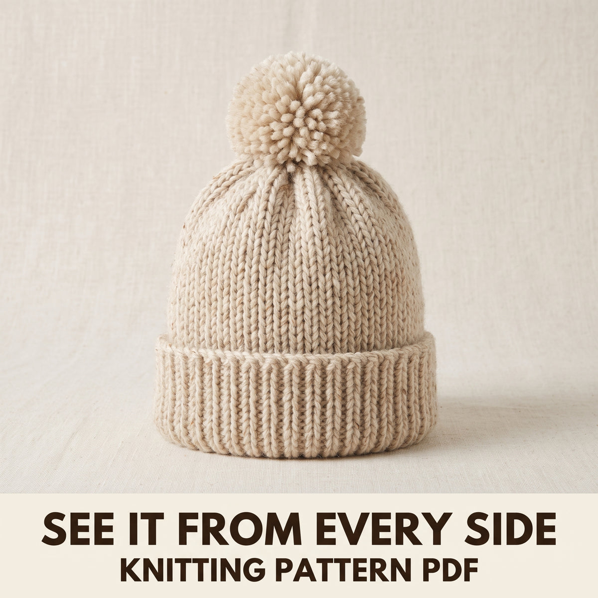 Ribbed Beanie Knitting Pattern PDF, Pompom Hat in 3 Sizes, Toddler 2–4, Child 8–10 and Adult, Beginner Friendly